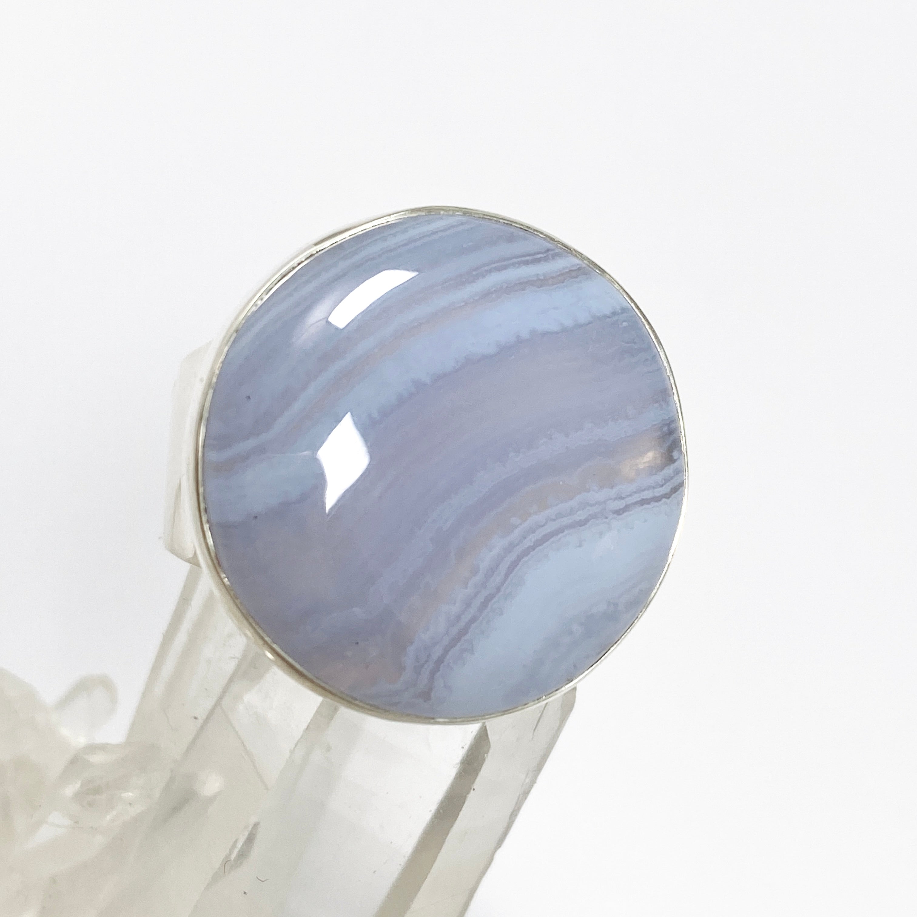 Blue Lace Agate Round Cabochon Ring - Size 11 - KRGJ3371 - Elegant Handmade Jewelry for Women, Perfect for Weddings, Parties & Everyday Wear