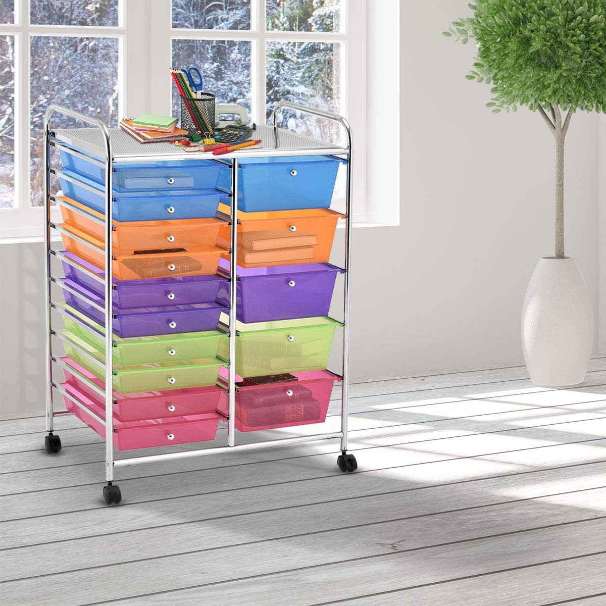 15-Tier Rolling Storage Cart with 4 Wheels - Moccha Drawer Organizer for Cosmetics, Office Supplies & Files | Perfect for Home, Studio & Office Organization (Rainbow Color)