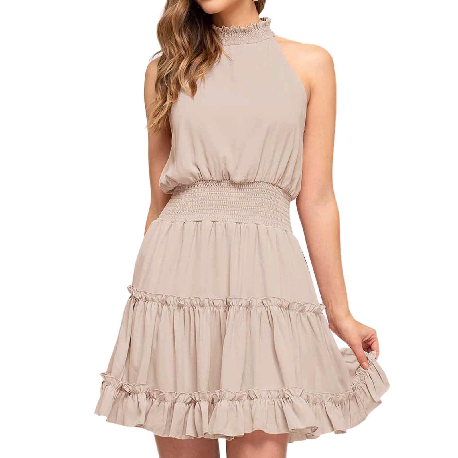 Women's Halter Neck Summer Beach Dress - Solid Color Casual Sleeveless Backless Ruffle Hem Lounge Dress for Vacation, Pool Party & Outdoor Activities