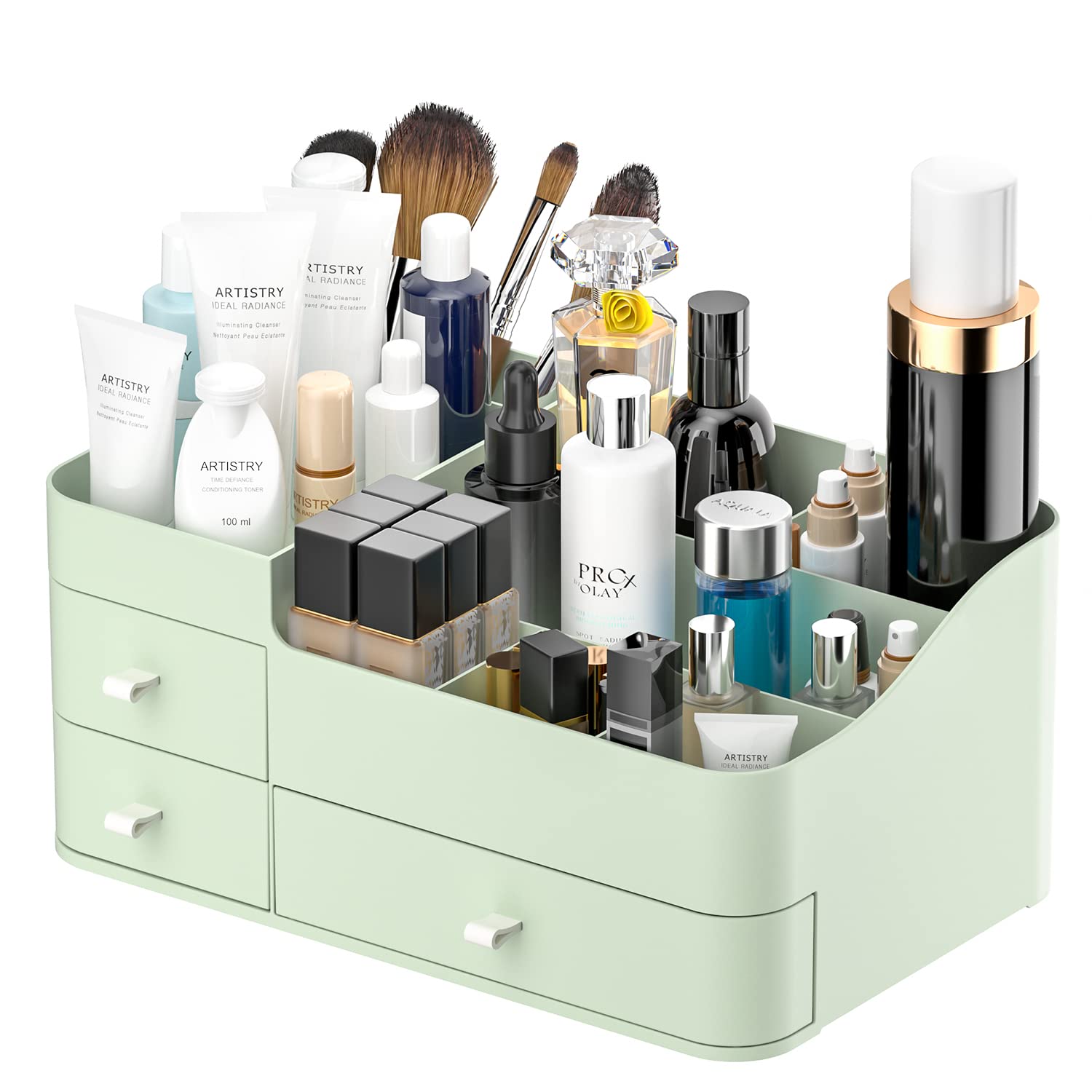 Vanity Makeup Organizer with Drawers - Large Cosmetic Storage Box for Lipstick, Brushes, Skincare, Lotions, Perfume & Eyeshadow - Bathroom Countertop & Dressing Table Organizer (Green) - Perfect for Bedroom, Bathroom & Travel Beauty Storage