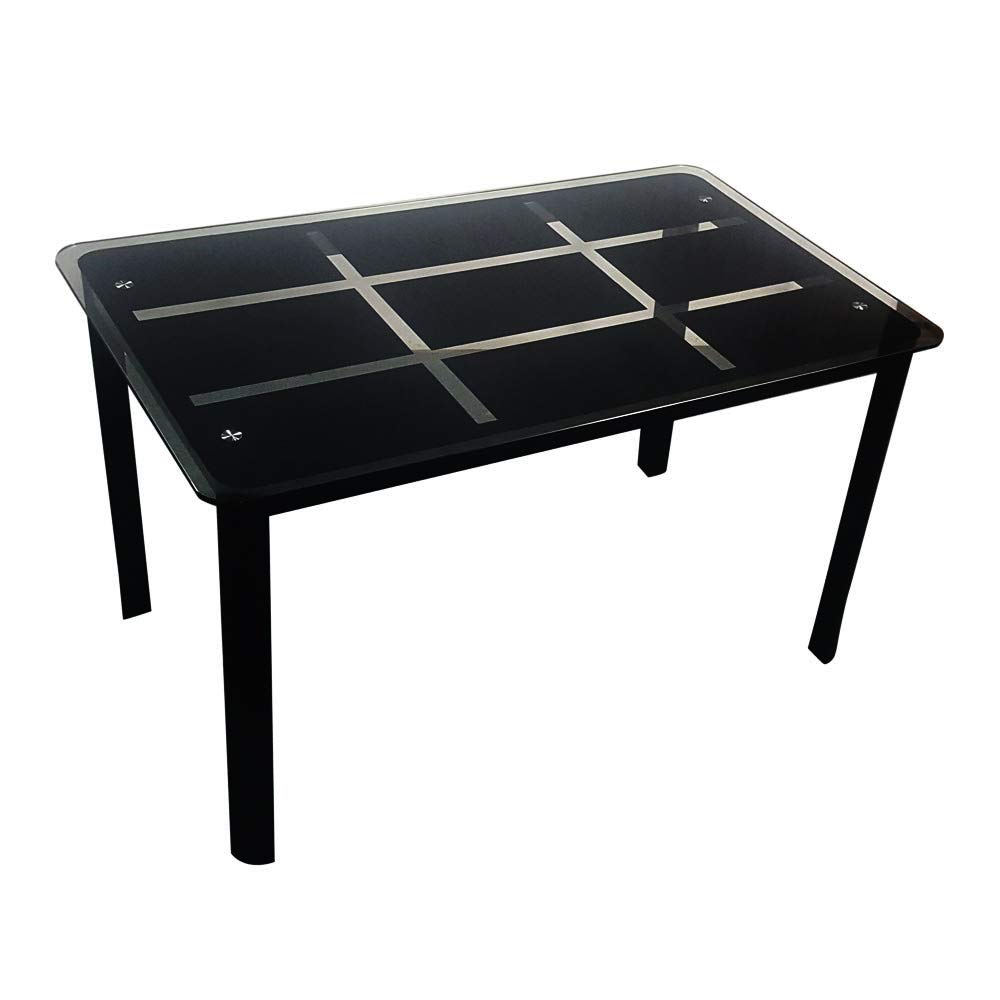 Modern Steel Leg & Tempered Glass Dining Table with Nine-Block Box Pattern - Black | Contemporary Kitchen & Dining Room Furniture for Small Spaces & Apartments