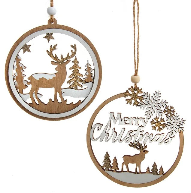 4.5 Inch Wooden Round Glittered Christmas Ornament - Handmade Holiday Tree Decor for Xmas, Home, Party & Gift Giving