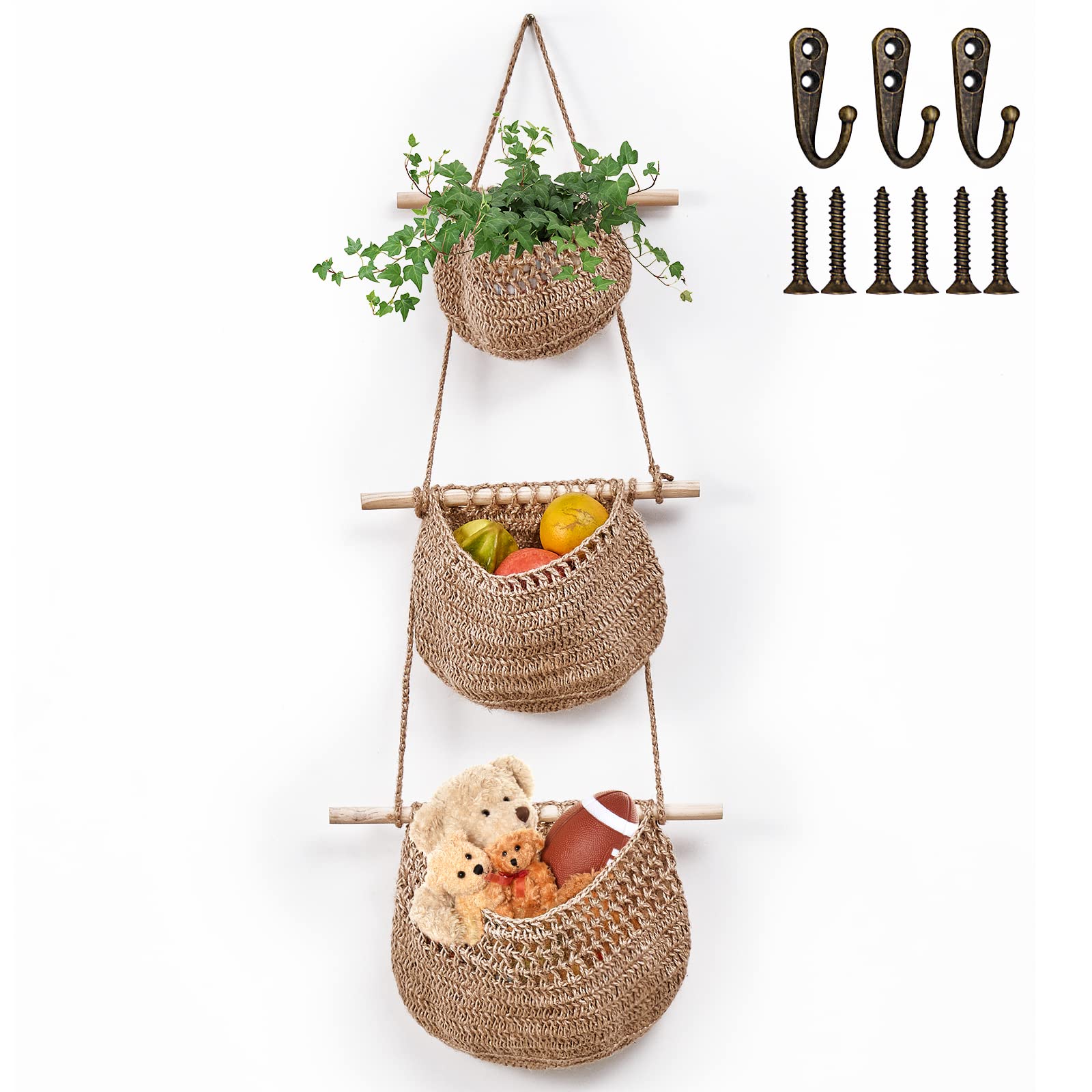 3-Tier Over the Door Organizer - Boho Jute Hanging Basket for Kitchen, Living Room & Bathroom | Handwoven Wall Storage for Fruits, Vegetables & Decor | Space-Saving Home Organization Solution