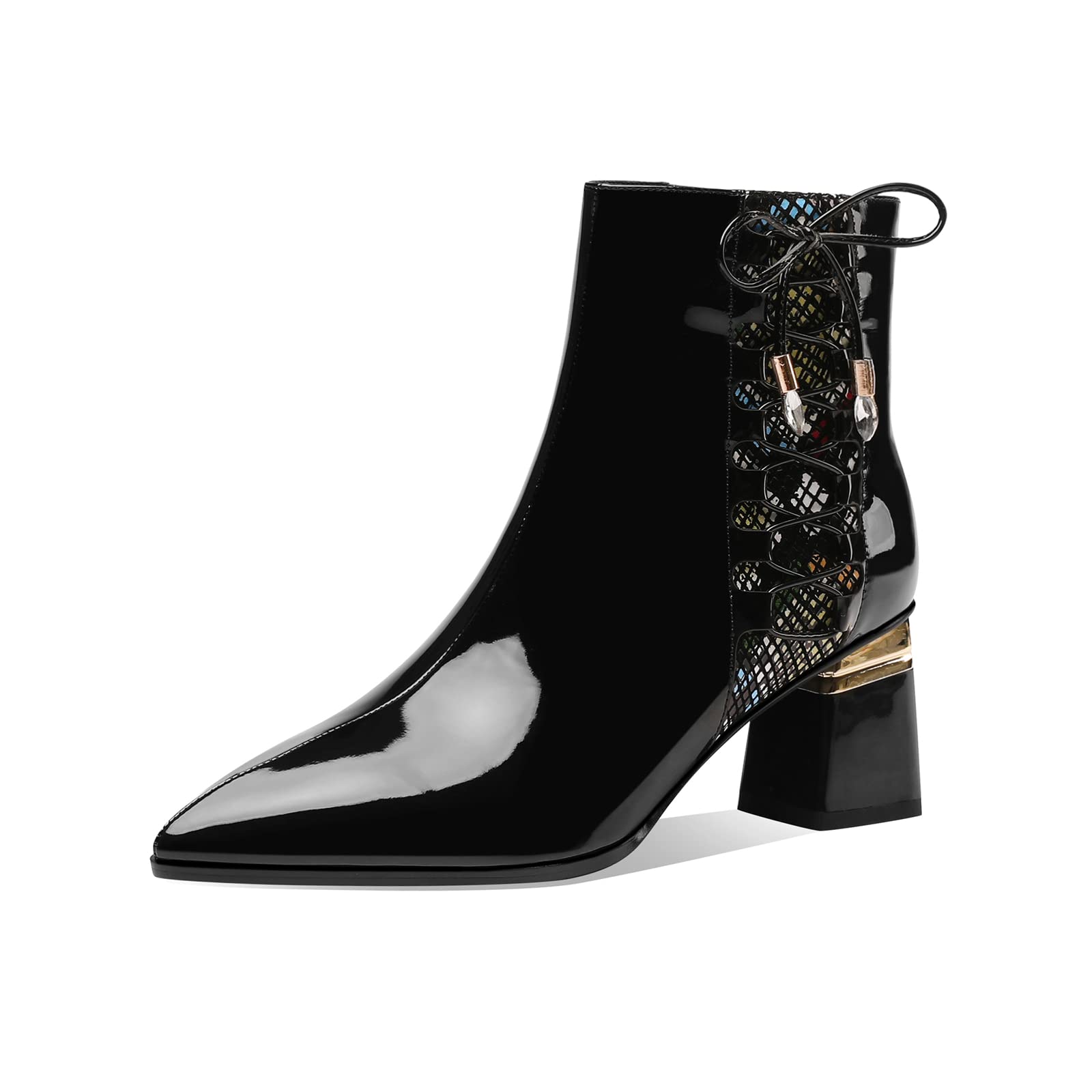 TinaCus Women's Handmade Patent Leather Ankle Boots with Side Zip & Bowtie Detail - Chunky Heel Black Booties for Casual Outfits, Office Wear & Date Nights