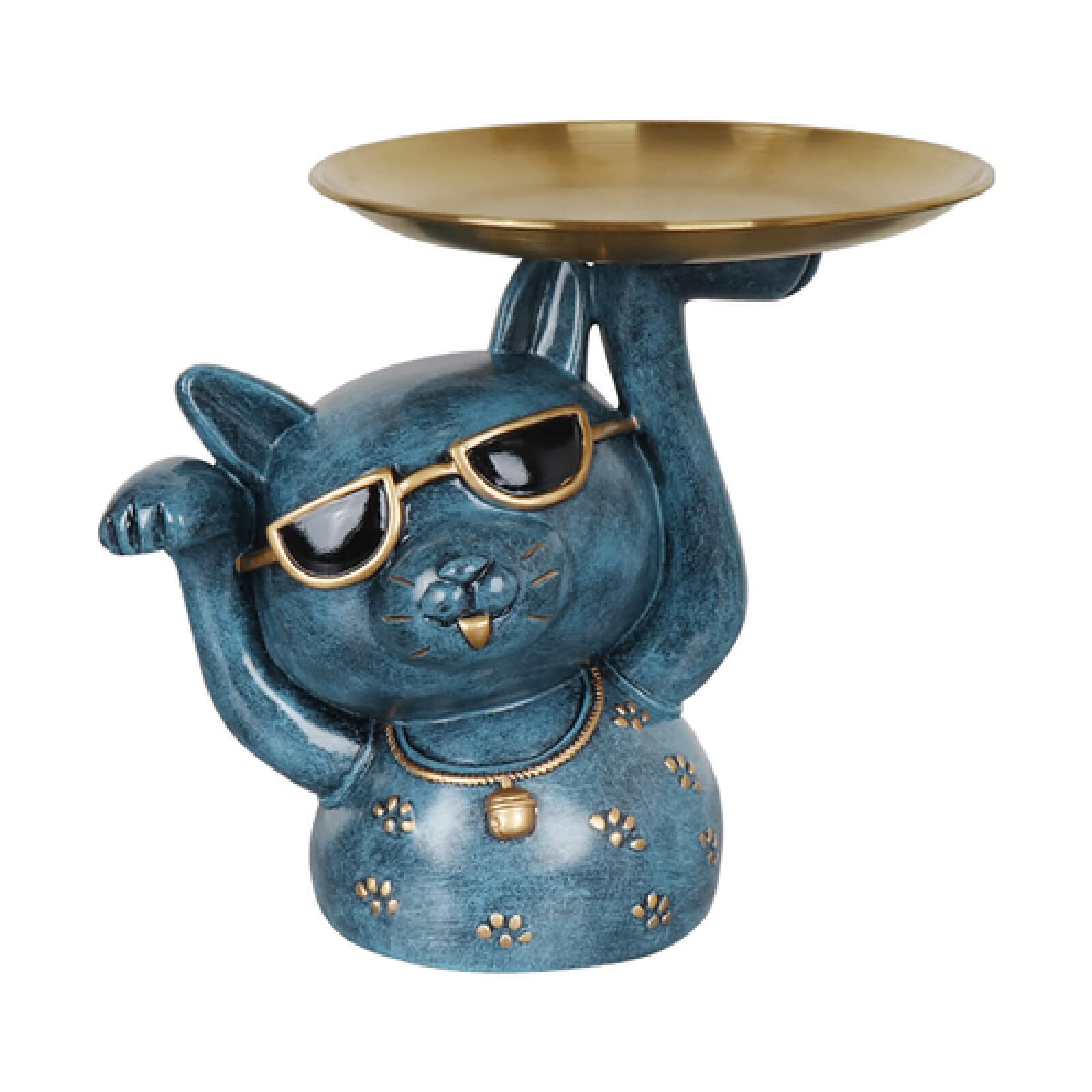 Lucky Cat Figurine Resin Desktop Organizer - Dark Blue Key Bowl for Keys, Wallet, Candy & Snacks Storage | Home Office Decoration & Feng Shui Gift Idea