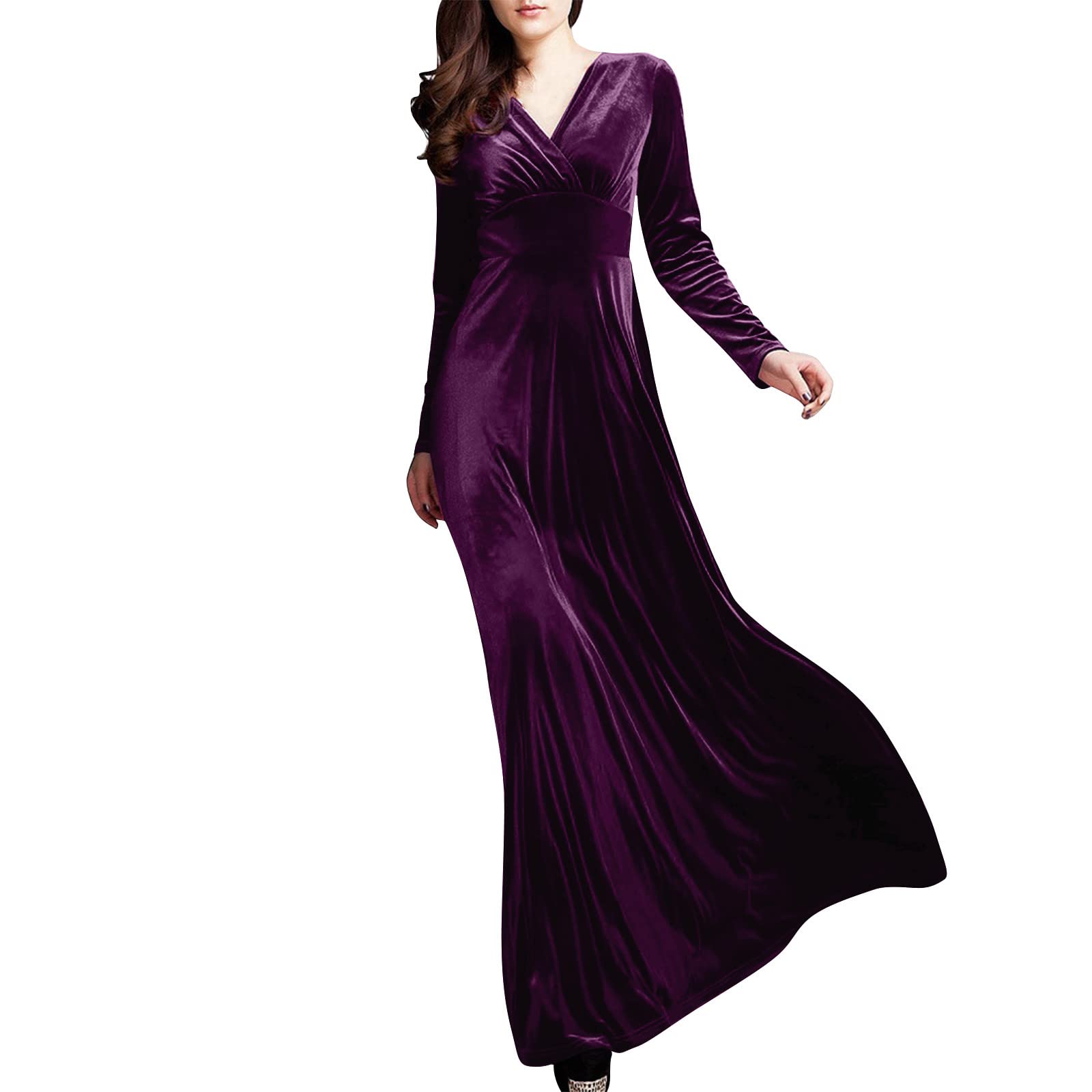 HAOREEKZ Women's Gold Velvet V-Neck Long Sleeve Party Dress for Wedding Guest - Elegant Solid Color Formal Gown for Fall & Winter Events, Holiday Parties & Special Occasions