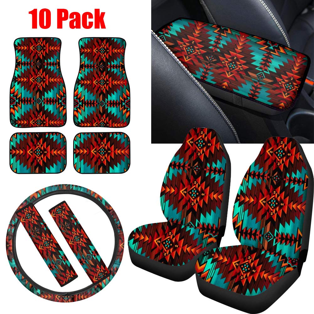 ELEQIN 10-Piece Car Seat Covers Set with Aztec Tribal Rubber Floor Mats - Durable 2-Pack Seat Belt Pads, Steering Wheel Cover & Center Console Armrest Protector | Universal Fit for Cars, SUVs & Trucks | Enhanced Comfort & Interior Protection