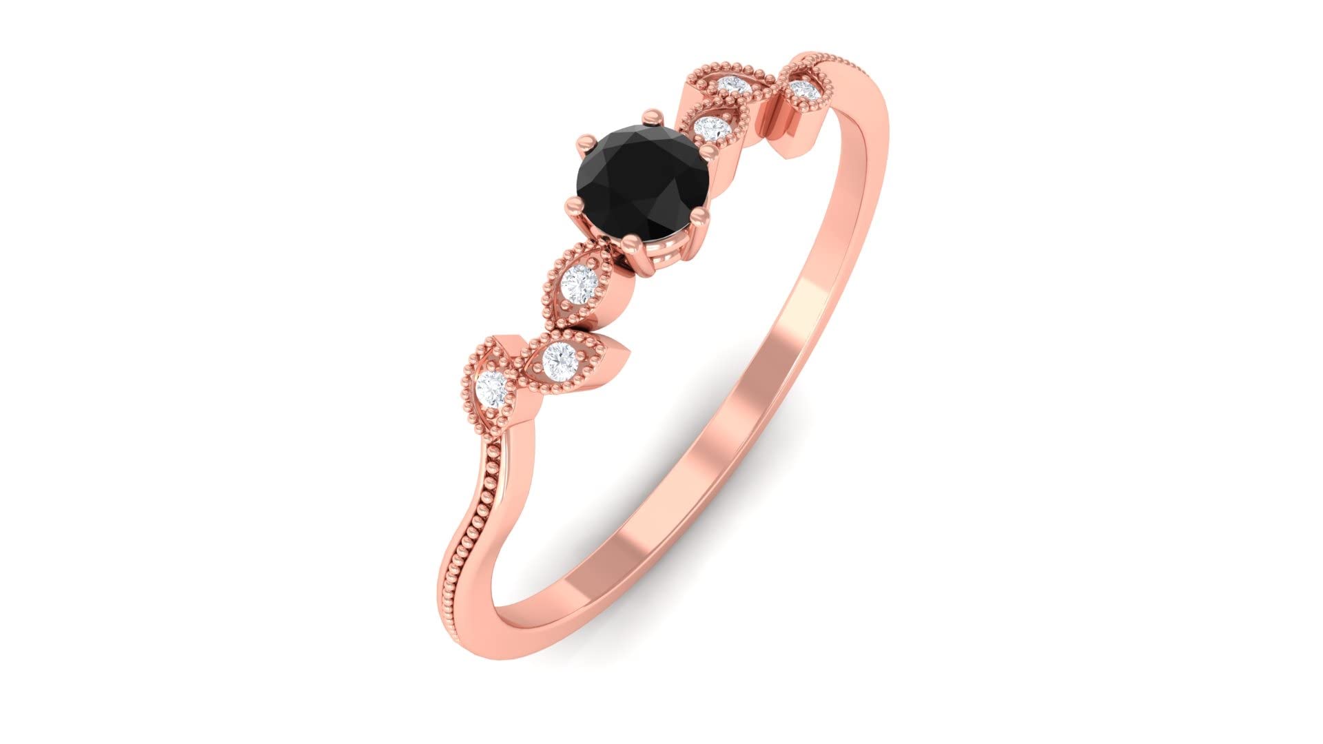 14K Solid Gold Created Black Diamond Leaf Promise Ring for Women - Elegant Beaded Design, Perfect for Anniversaries, Engagements & Special Occasions