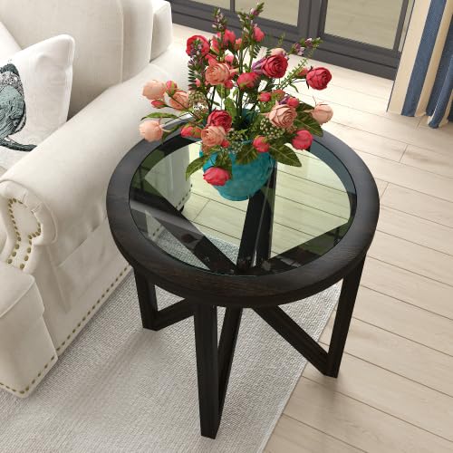 Modern Simple Round Glass Coffee Table with Solid Wood Base - Tempered Transparent Glass Top for Living Room, Terrace, or Study - Black | Stylish & Durable Home Decor for Small Spaces & Apartments