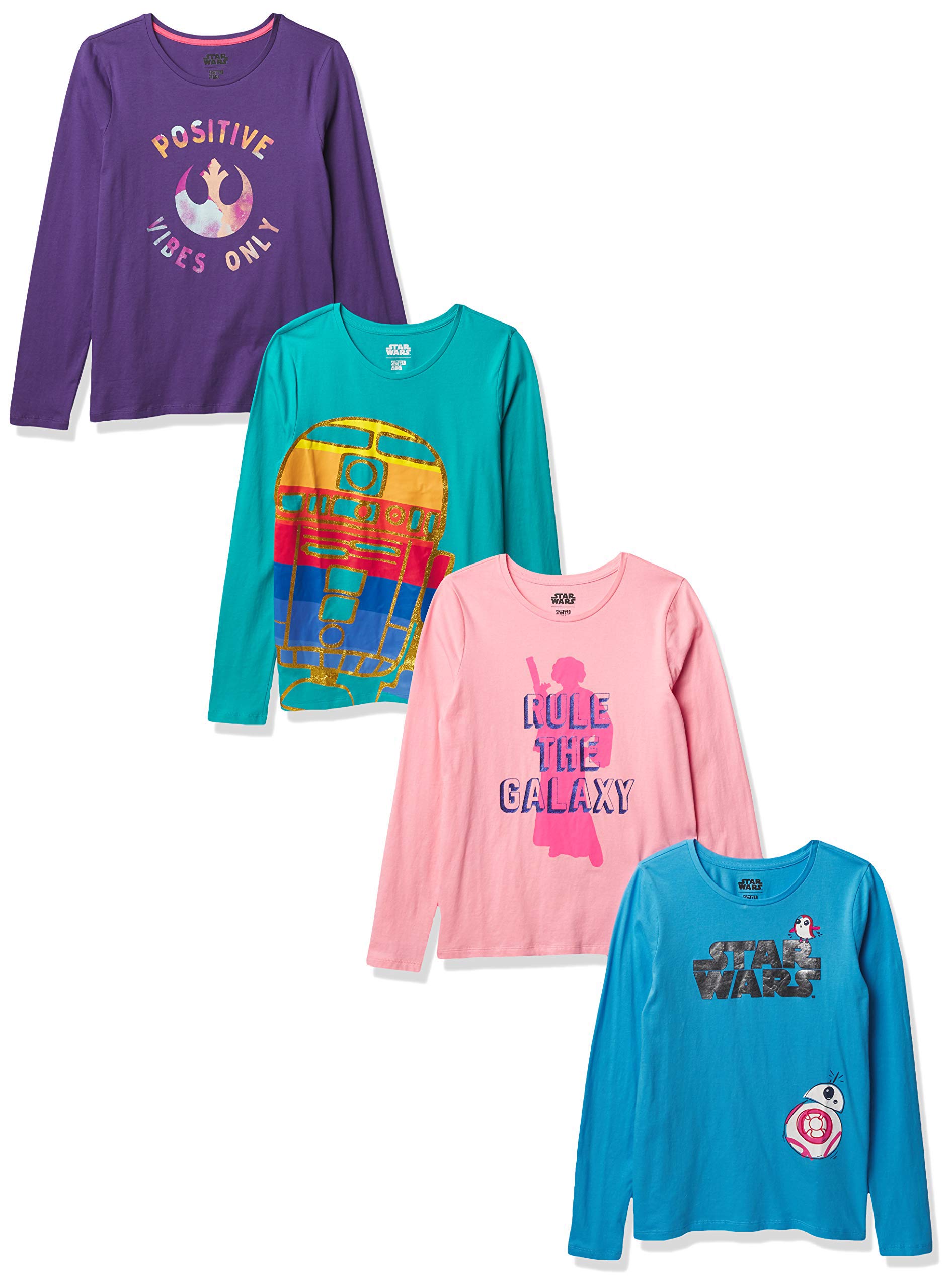 Spotted Zebra Disney Marvel Star Wars Frozen Princess Girls & Toddlers Long Sleeve T-Shirts 4-Pack - Cute Character Tees for School, Playdates & Family Outings