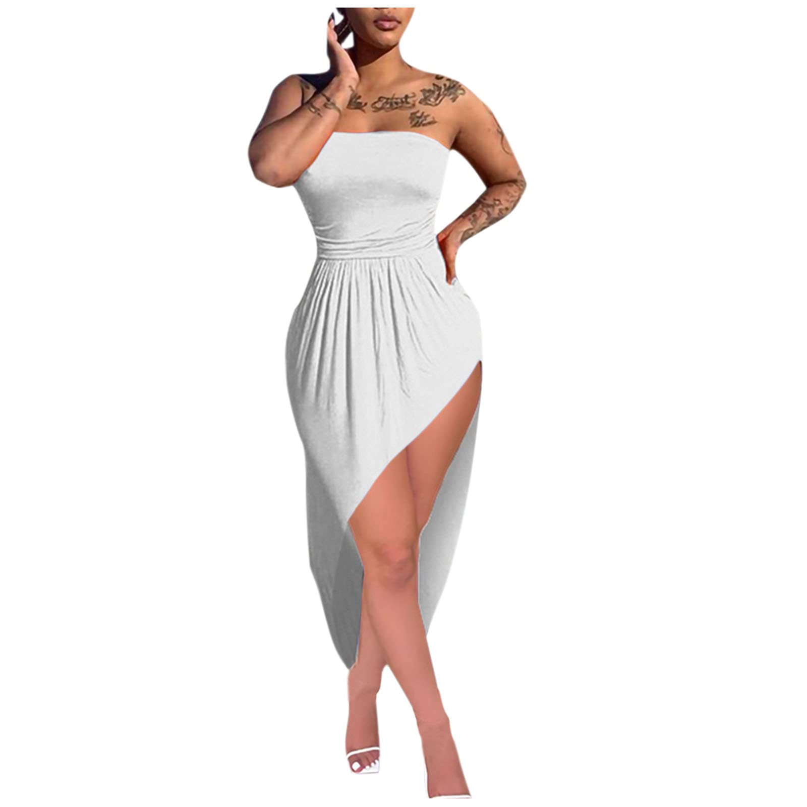 Women's Maxi Summer Dress - Sleeveless Ruched Off Shoulder Solid Tie Slip Midi Dress for Beach, Vacation & Casual Wear