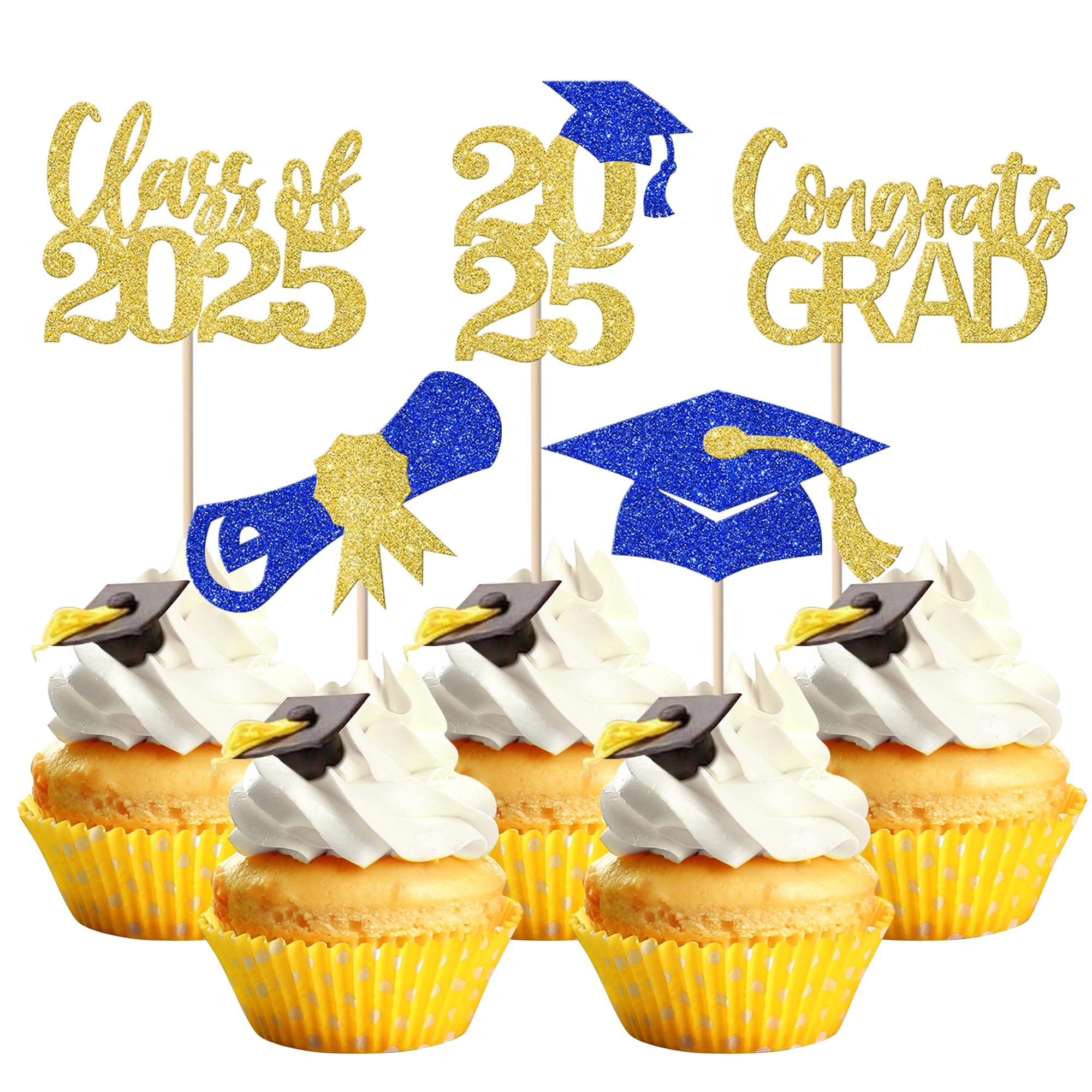 30 Pack Class of 2025 Graduation Cupcake Toppers - Glitter Gold & Blue Congrats Grad Cap & Diploma Cupcake Picks - Perfect for 2025 Senior Graduation Party Decorations, Cake Decor, and Celebration Supplies