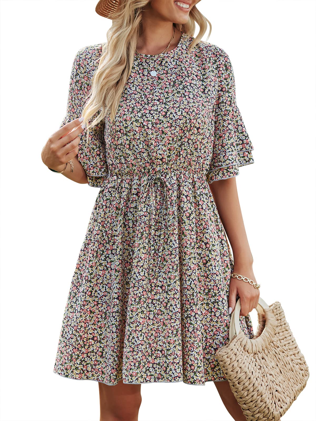ANRABESS Women's Floral Print Ruffle Mini Dress - Bell Sleeve, Elastic Waist A-Line Swing Dress for Summer Beach, Vacation & Casual Outings