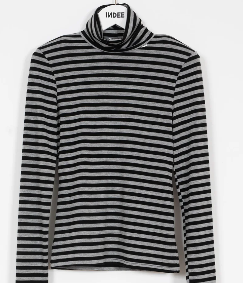 INDEE RICO Mock Neck Long Sleeve Striped Top for Women - Size 10 L - Casual & Office Wear - Perfect for Layering in Fall & Winter