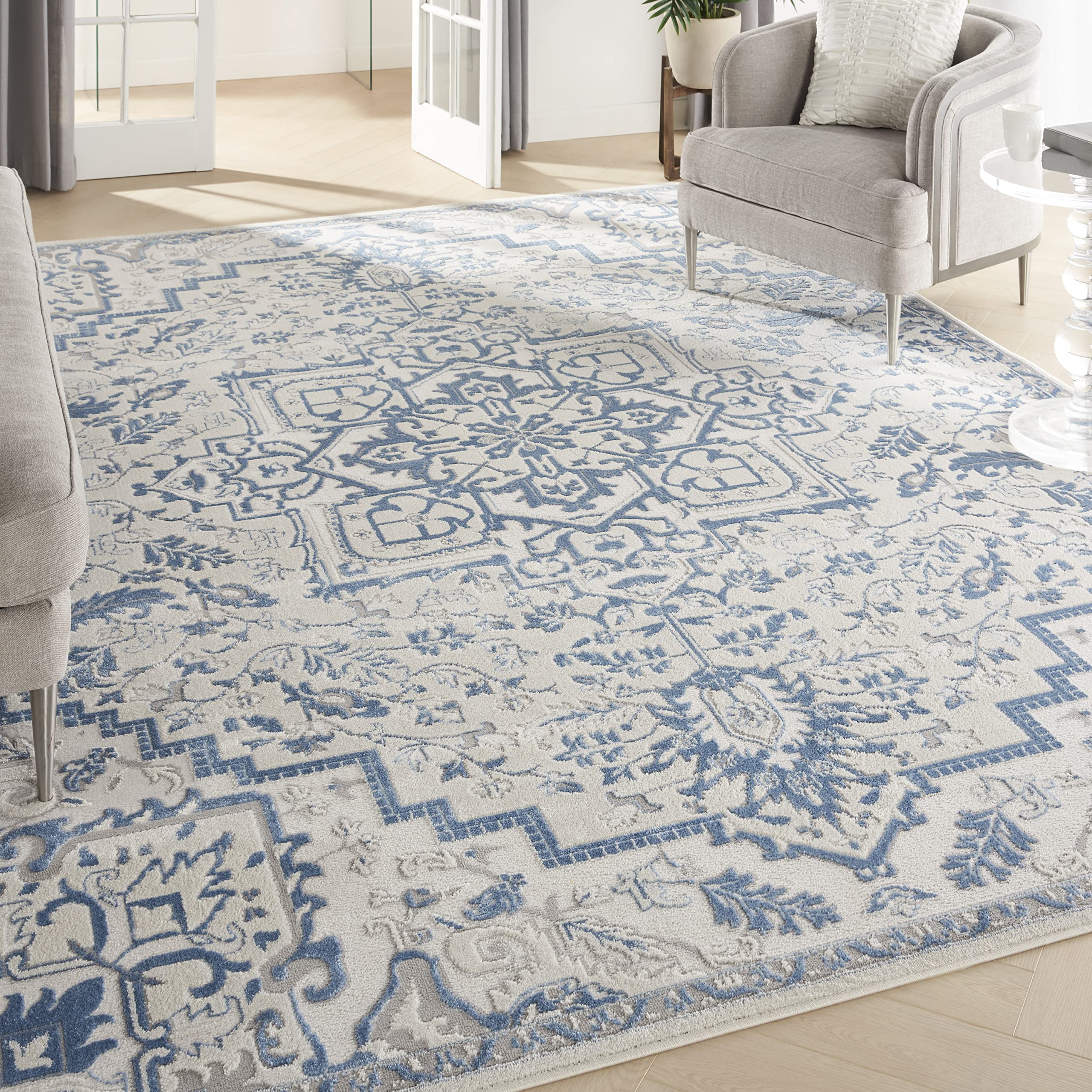 Nourison Elation Floral Ivory Blue 8x10 Area Rug - Easy Clean, Non-Shedding, Stain Resistant - Perfect for Bedroom, Living Room, Dining Room & Kitchen Decor - Soft & Durable for High Traffic Areas