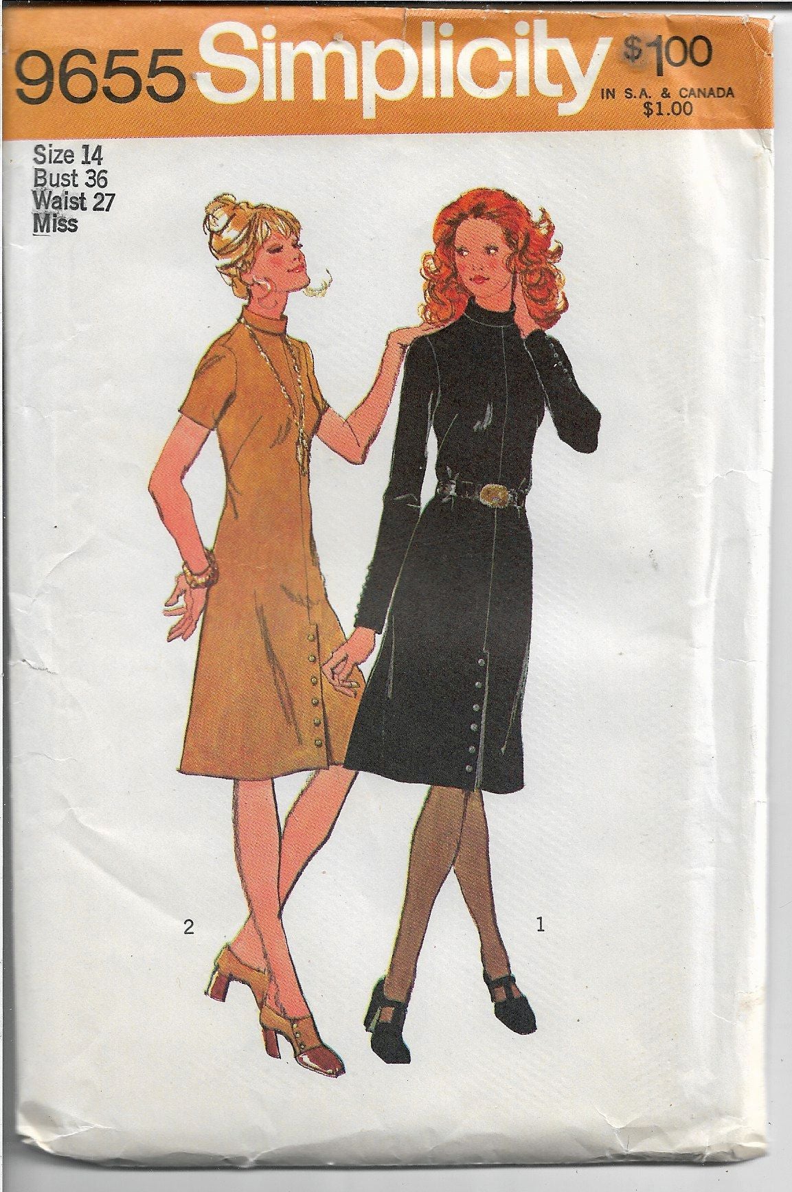 Vintage 1970's Simplicity 9655 Ladies Dress Sewing Pattern with Back Zipper - Retro Fashion DIY Costume for Parties & Cosplay