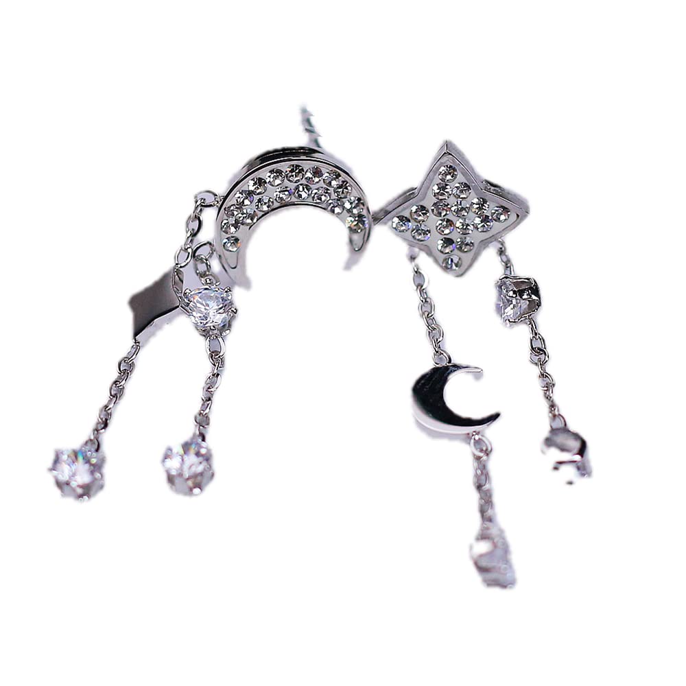 Personalized Crescent Moon & Star Stud Earrings for Women & Teens – CZ Simulated Diamond Asymmetrical Tassel Earrings – Perfect for Parties, Gifts & Everyday Wear