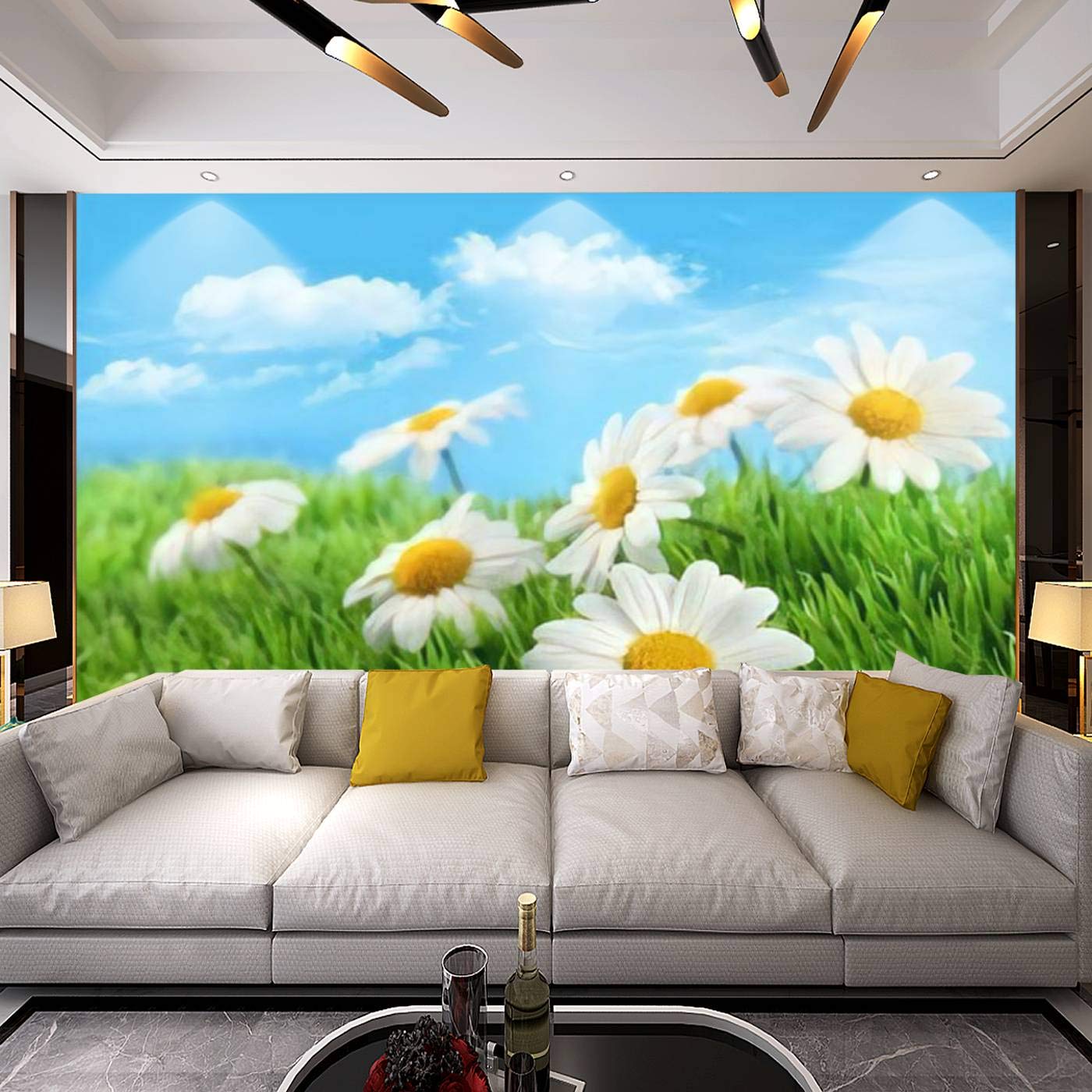Modern 3D Daisy Flower Wall Decals - Peel and Stick Removable Wallpaper for Living Room, Bedroom, Nursery | Blue Sky & Grass Design - Perfect for TV Background & Home Decor