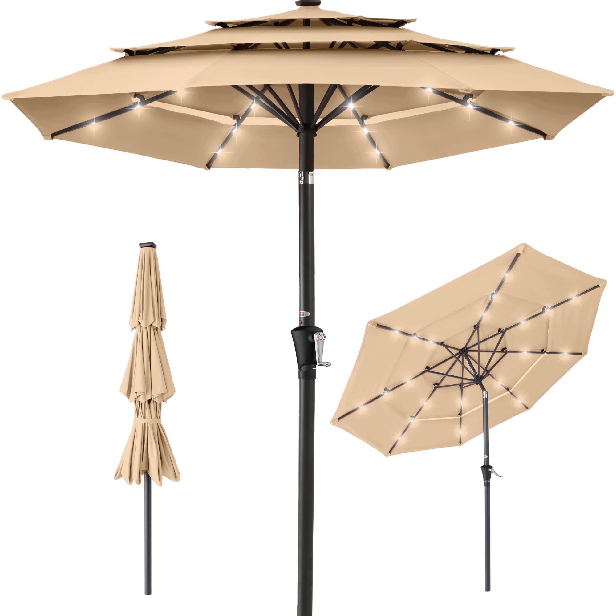 Best Choice Products 10ft 3-Tier Solar Patio Umbrella with 24 LED Lights - Adjustable Tilt & Easy Crank, 8-Rib Sun Shade for Backyard, Deck, Poolside - Perfect for Outdoor Dining, Lounging, and Summer Gatherings (Sand Color)
