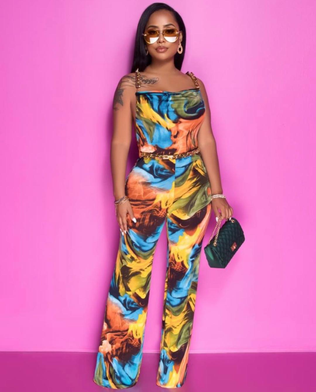 Regel Women's Multi-Color Abstract Print Gold Link Accent Jumpsuit - Stylish Party Outfit for Evening Events & Special Occasions