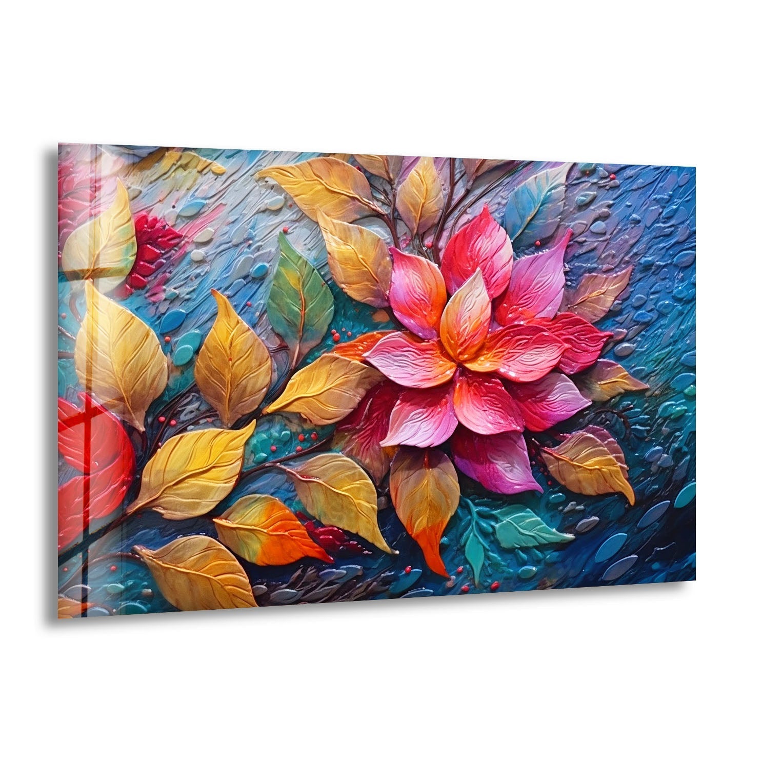 3D Vivid Pink Leafs Glass Wall Art - Modern Home Decor for Living Room, Bedroom & Office - Handmade Glass Leaf Mural with Stunning 3D Effect - Perfect Gift for Housewarming & Interior Design