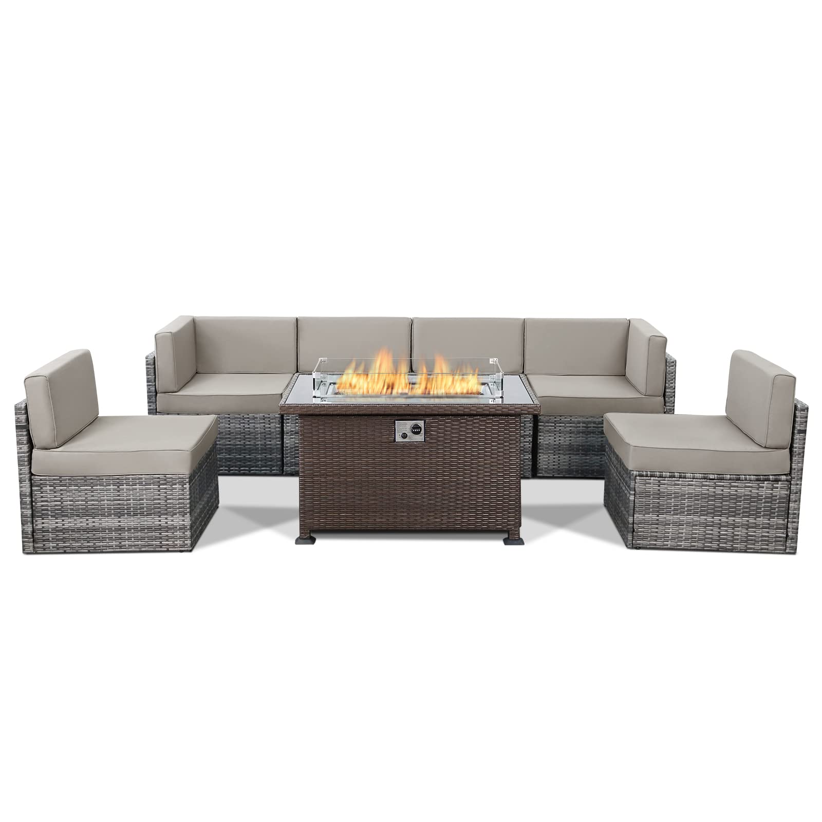 Esright 7-Piece Outdoor Patio Furniture Set with Propane Fire Pit Table - CSA Certified Sectional Sofa Set with 43