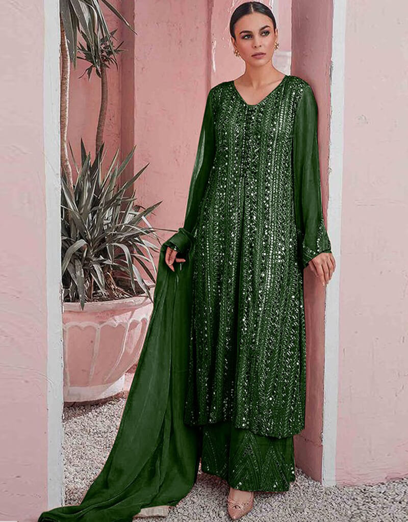 Elegant Bottle Green Sharara Style Suit - Faux Georgette Fabric for Women's Ethnic Wear | Perfect for Weddings, Parties & Festive Occasions