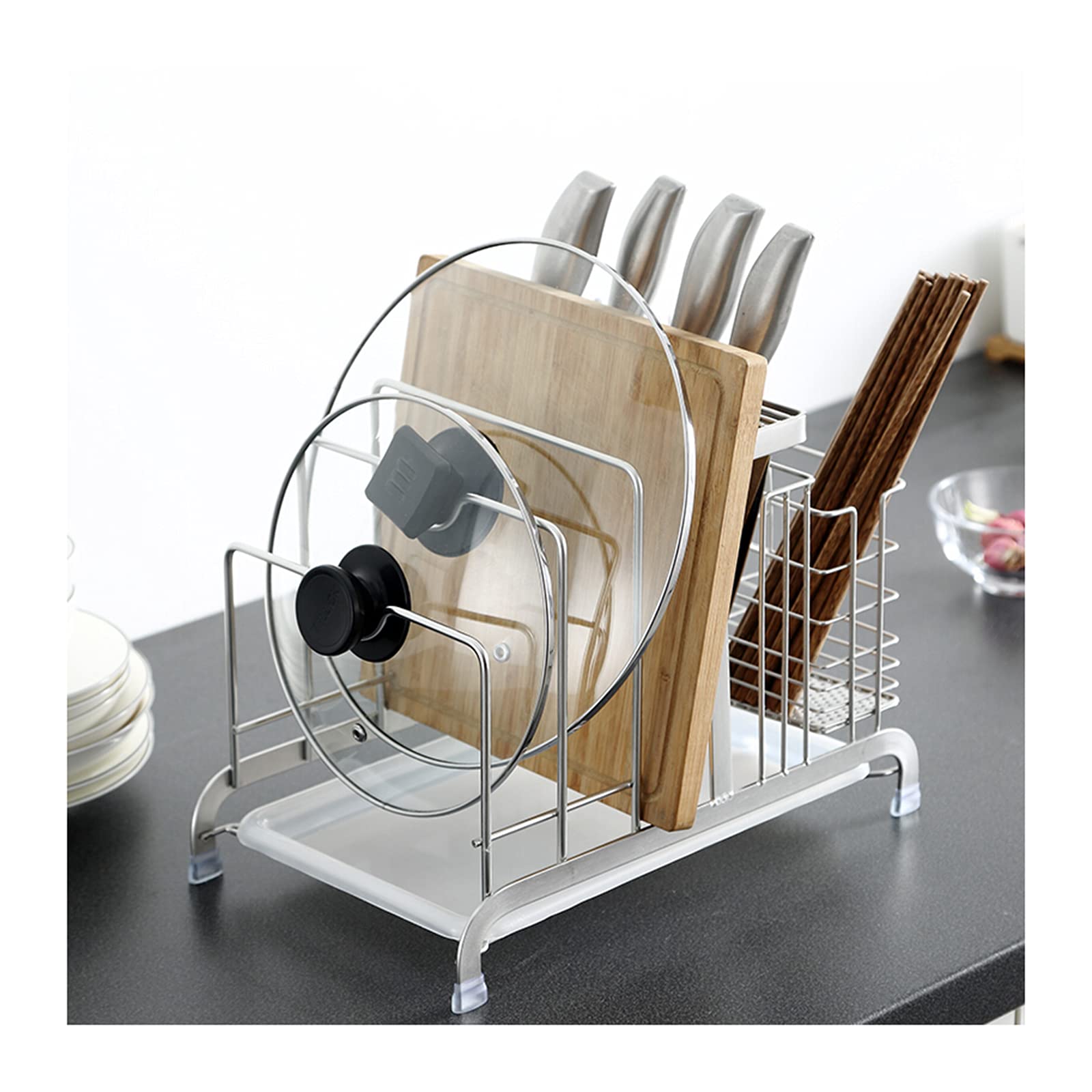 TOMYEUS Stainless Steel Pot Lid Rack & Cutting Board Holder - Space Saving Kitchen Organizer for Pots, Pans & Utensils - Perfect for Small Kitchens & Clutter-Free Countertops