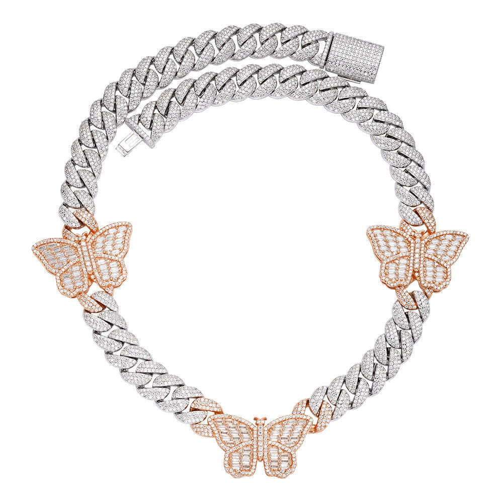 Moissanite Diamond Butterfly Miami Cuban Two-Tone Rose Gold 925 Sterling Silver Necklace for Women - Elegant Jewelry Gift for Birthday, Anniversary & Special Occasions