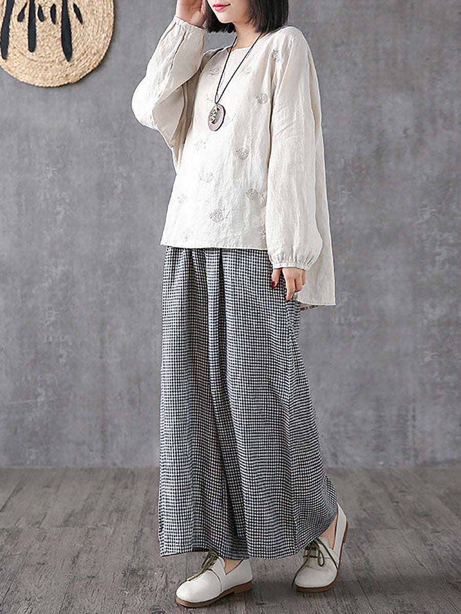 Buykud Handmade Plaid Linen Wide Leg Pants for Women - Plus Size Casual Trousers with Elastic Waist | Perfect for Office, Travel & Summer Outfits