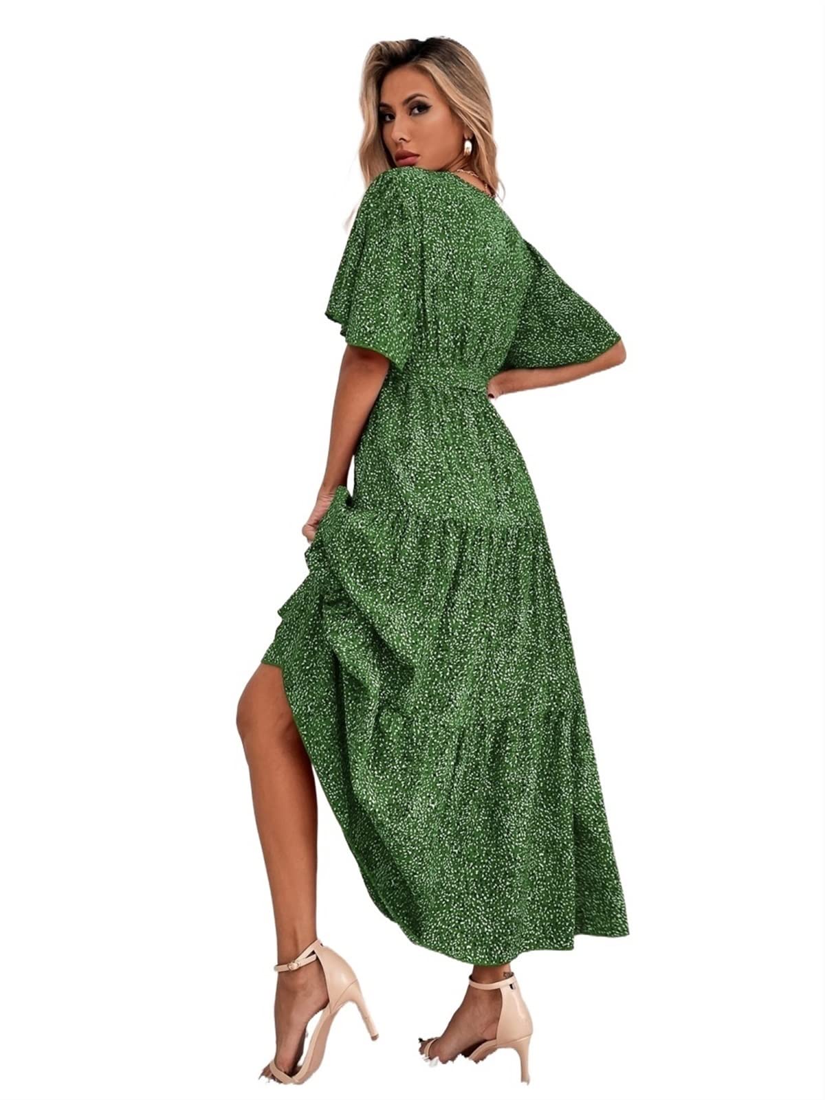 VIYAN Women's Summer Casual Dress - Allover Floral Print, Short Sleeve with Ruffle Hem & Belt | Perfect for Beach Vacation, Date Night & Summer Parties