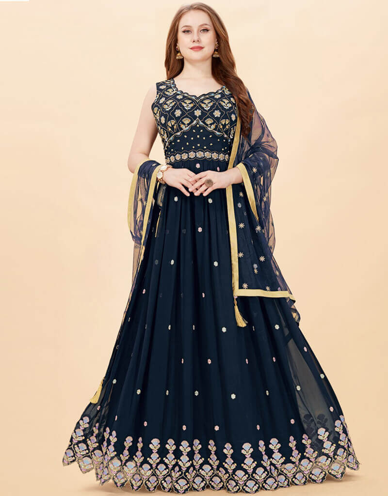 Blue Faux Georgette Fabric Maxi Dress - Elegant Long Flowy Evening Gown for Women | Perfect for Weddings, Parties & Special Occasions