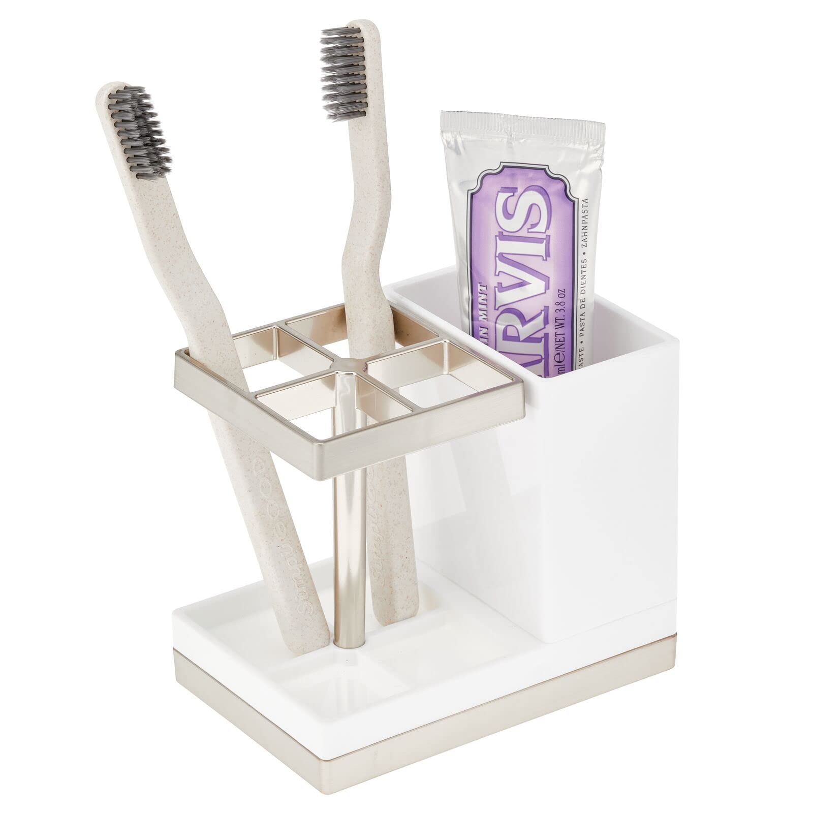 mDesign Plastic Toothbrush & Toothpaste Holder Organizer - Bathroom Countertop Storage for Toothbrushes, Cosmetics & Beauty Accessories - White/Brushed (Lumiere Collection) - Perfect for Small Spaces, Vanity Organization & Travel Essentials