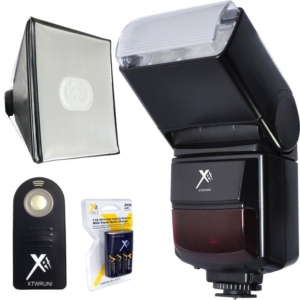 Xit Elite Series (XTDF4500) Universal Automatic Flash Bundle for DSLR Cameras - Includes Wireless Shutter Remote, Soft Box Diffuser & AA Charger with 4 Batteries - Perfect for Portrait, Wedding & Studio Photography (100-240V)