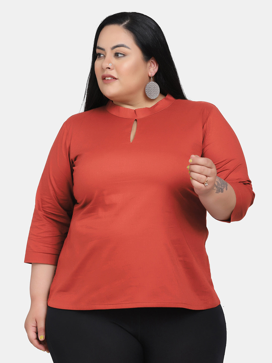 Keyhole Neckline Cotton Top for Women - Rust Color Boho Chic Blouse - Casual Summer T-Shirt for Beach, Date Night & Outdoor Activities