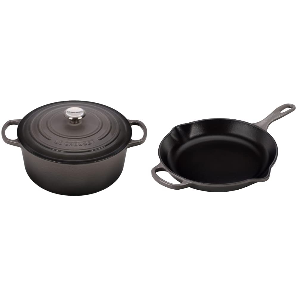 Le Creuset Enameled Cast Iron Signature Round Dutch Oven 5.5 Quart & 10.25 Inch Skillet Set in Oyster | Premium Cast Iron Cookware for Braising, Roasting, Baking & Searing | Perfect for Stovetop, Oven & Camping Use