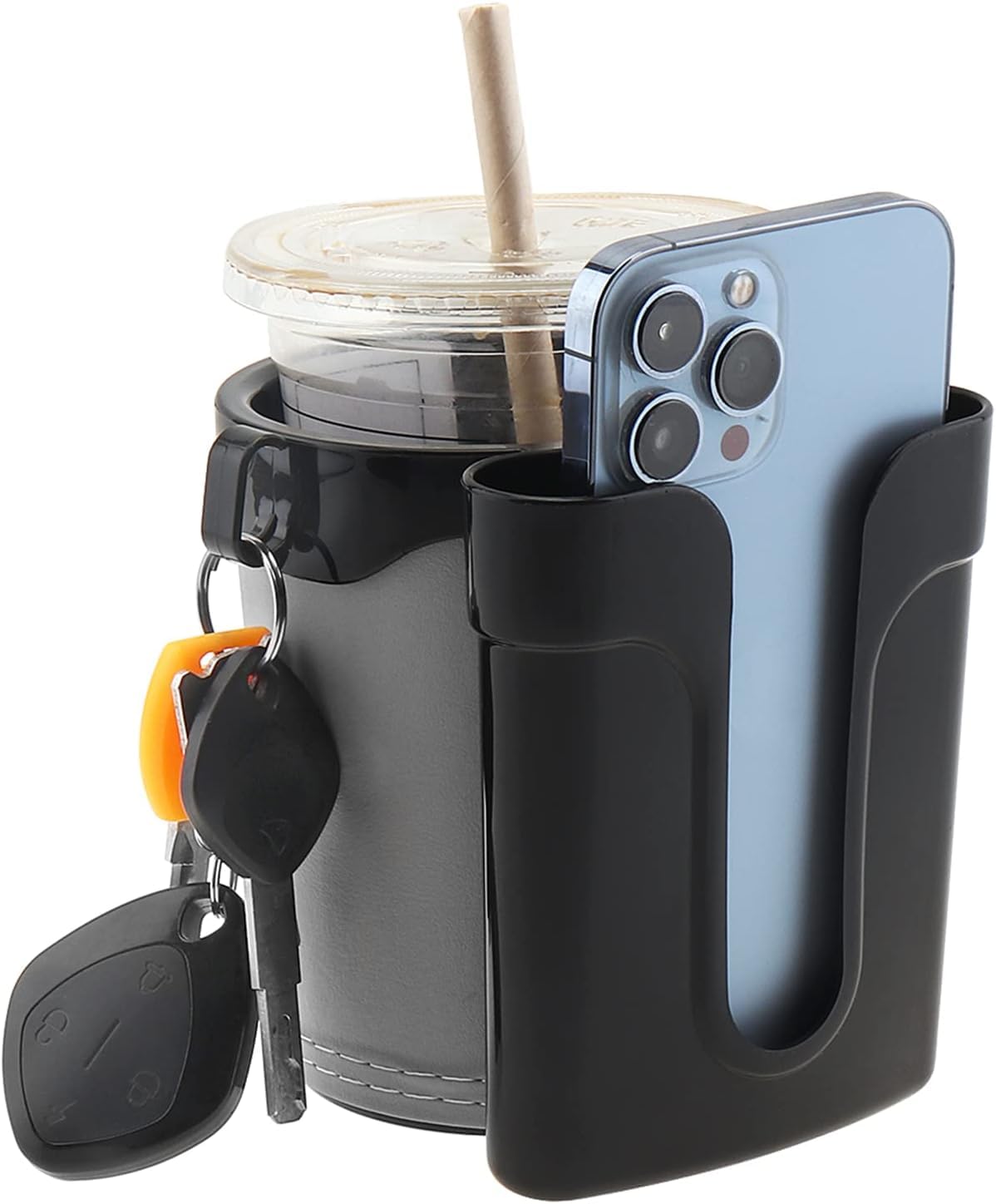 Leather Bike Cup Holder & Water Bottle Holder with Phone/Keys Storage - Universal Handlebar Mount for Beach Cruiser, Commuter Bikes (Black/Gray) - Perfect for Cycling, Outdoor Adventures & Daily Commutes