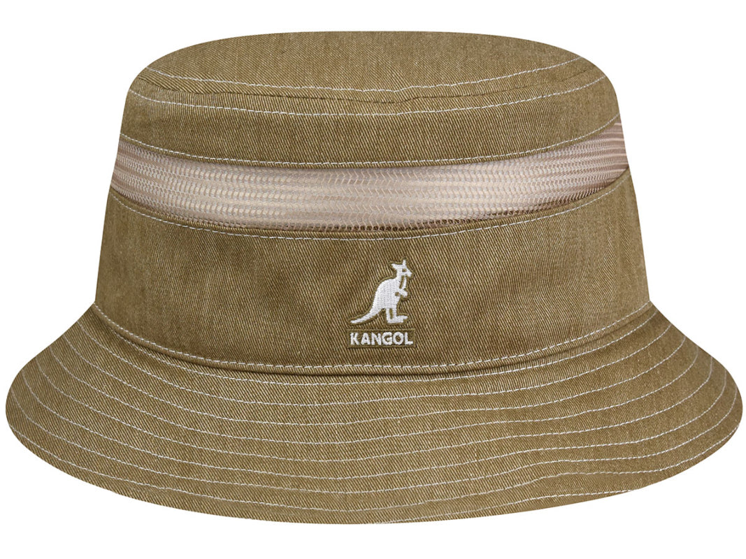 Kangol Distressed Cotton Mesh Bucket Hat in Oat - Stylish & Breathable Summer Sun Hat for Men & Women - Perfect for Beach, Hiking, and Outdoor Activities