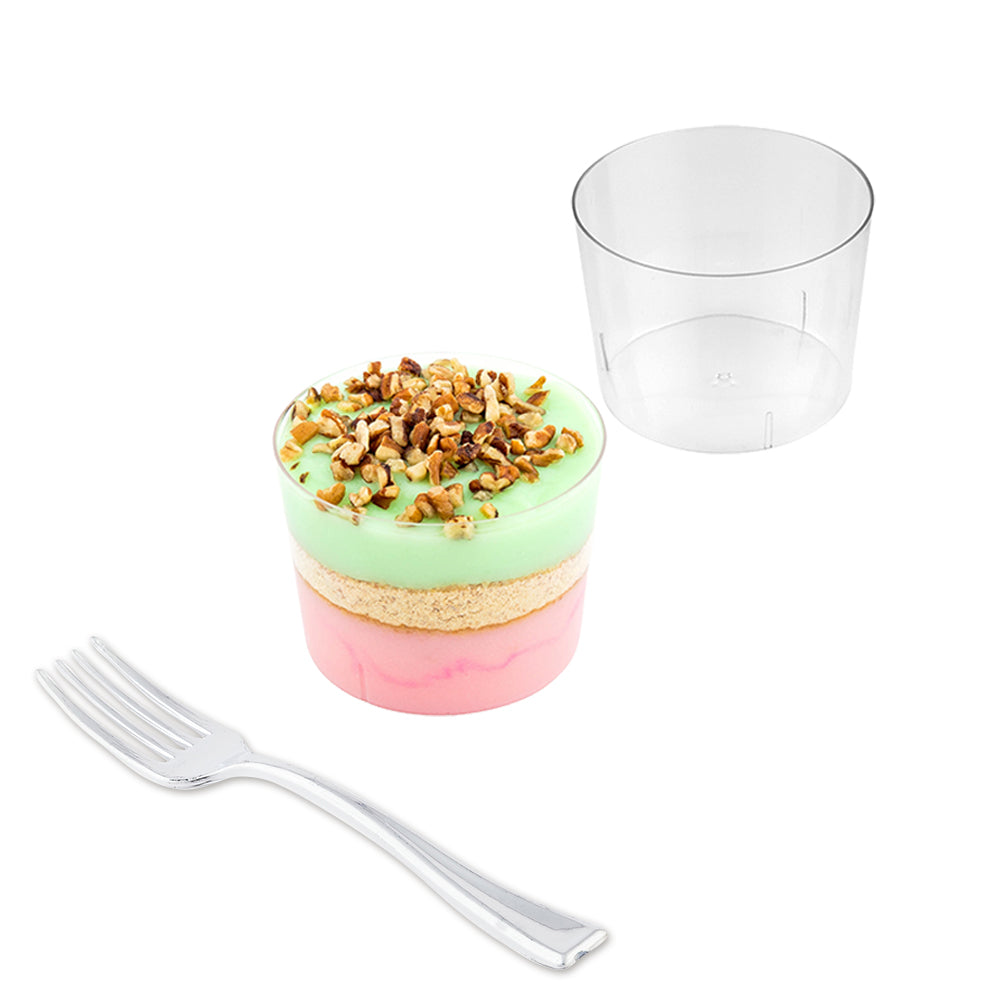 100 Pack 6 oz Clear Plastic Cylindrical Cups & 100 Silver Mini Plastic Forks - Perfect for Parties, Weddings, and Catering Events