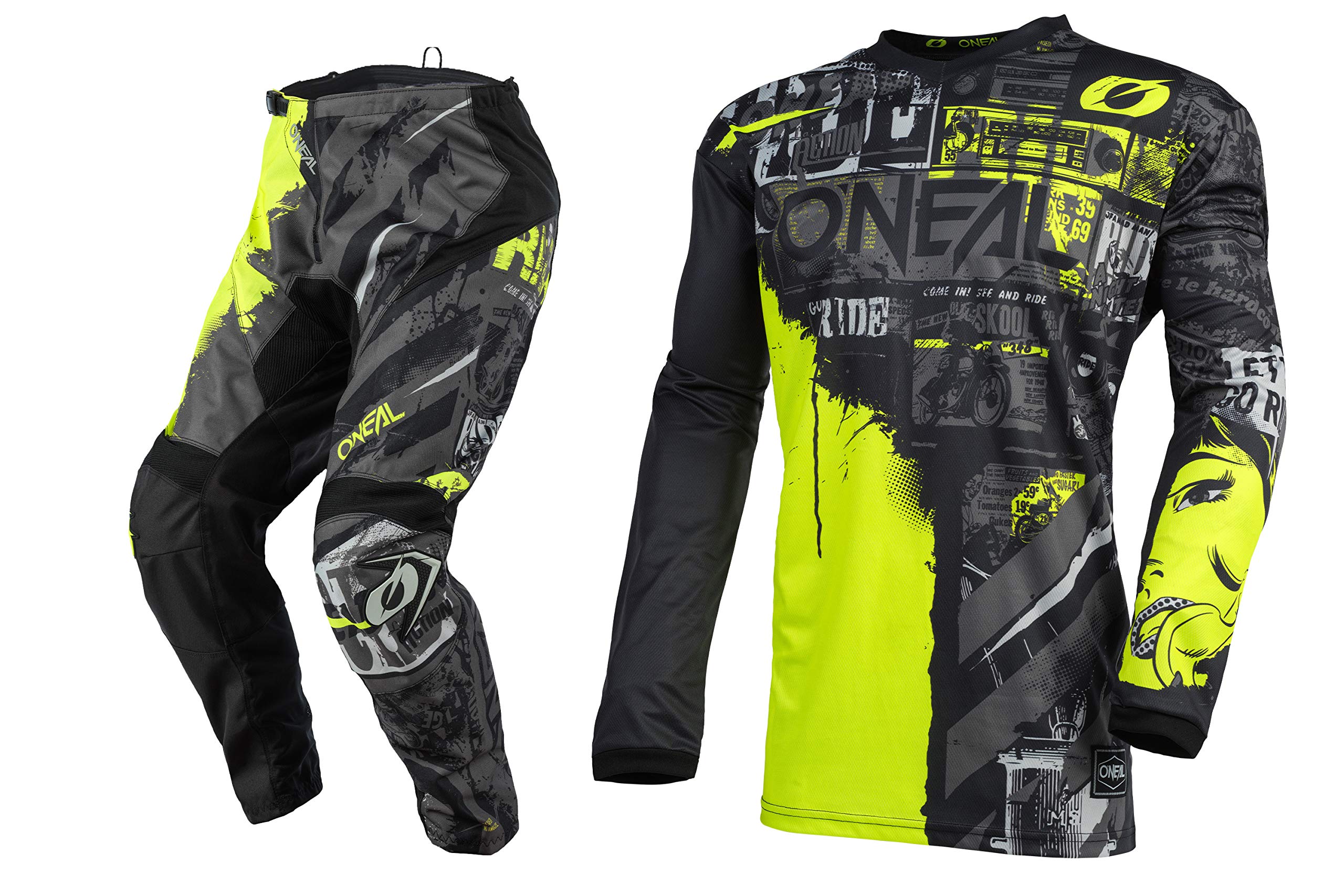 Oneal Element Ride Black/Neon Motocross Jersey & Pants Combo - Dirt Bike Offroad MX Riding Gear Set for Adults (Jersey X-Large/Pants W42) - Perfect for Motocross Racing, Trail Riding & Offroad Adventures