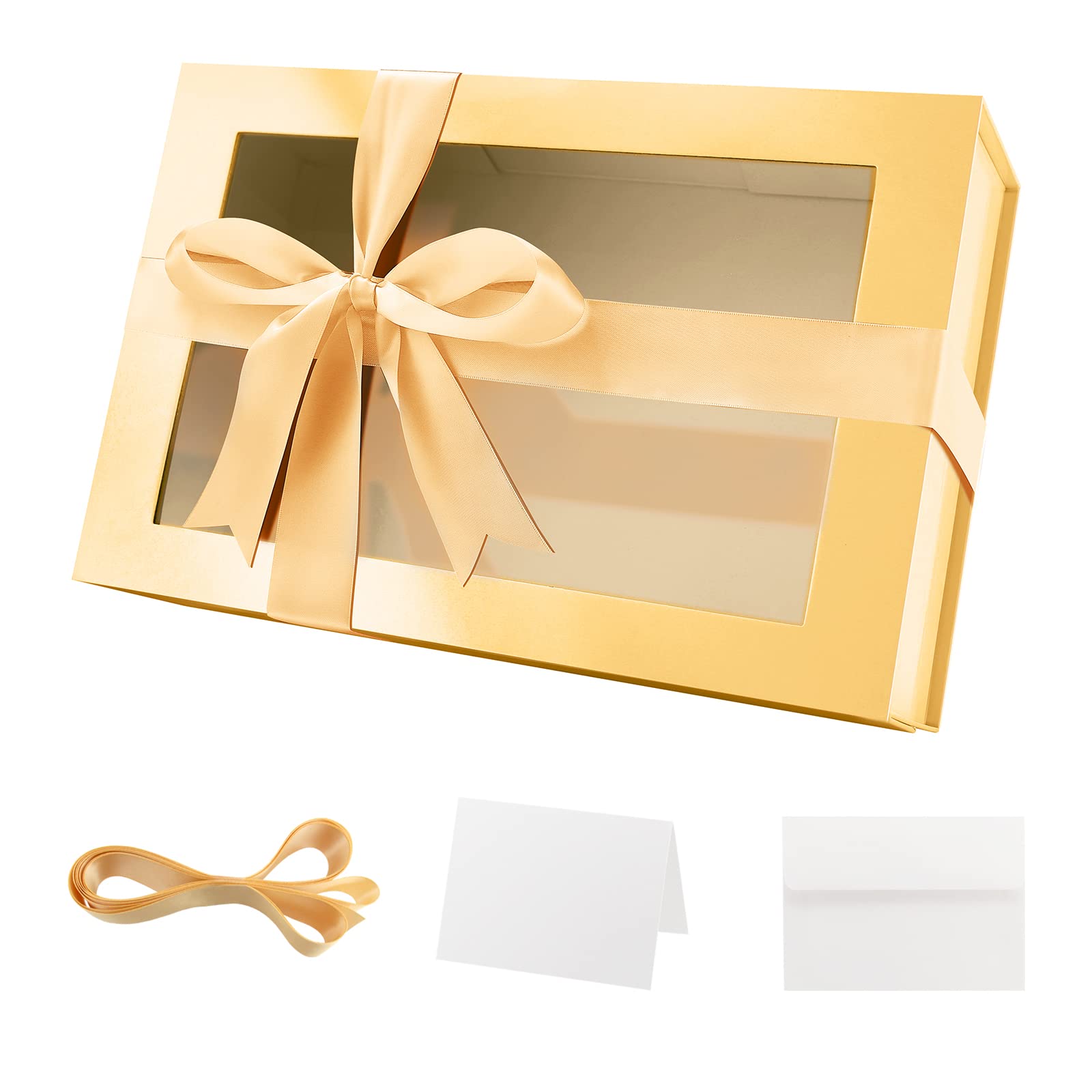 13.5x9x4.1 Inch Large Gold Gift Box with Clear Window - Magnetic Lid Bridesmaid Proposal Box Includes Ribbon & Card (Glossy Gold) | Perfect for Wedding Favors, Birthday Gifts & Special Occasion Presentations