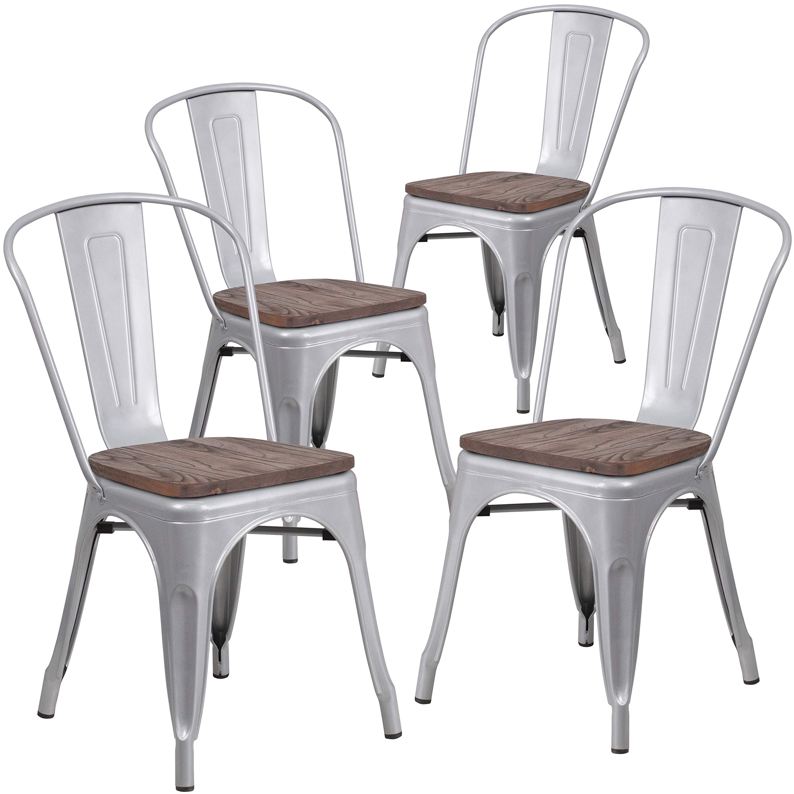 4 Pack Silver Metal Stackable Chairs with Wood Seats - Commercial Restaurant & Bistro Chairs - Perfect for Cafes, Outdoor Dining & Home Kitchen Use