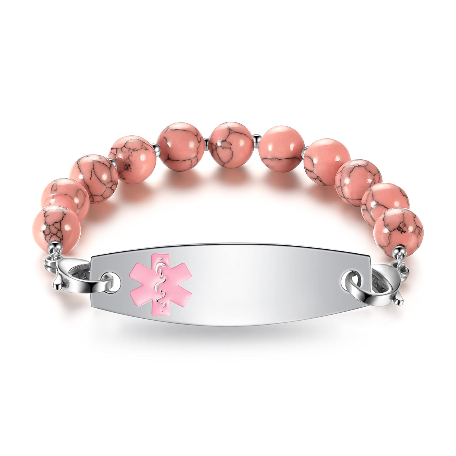 Custom Engraved Medical Alert Bracelets for Women & Men - Free Personalization, Natural Stone & Purple Crystal Beads, Adjustable 5.5-8.5 Inches - Perfect for Emergency ID, Allergies & Chronic Conditions