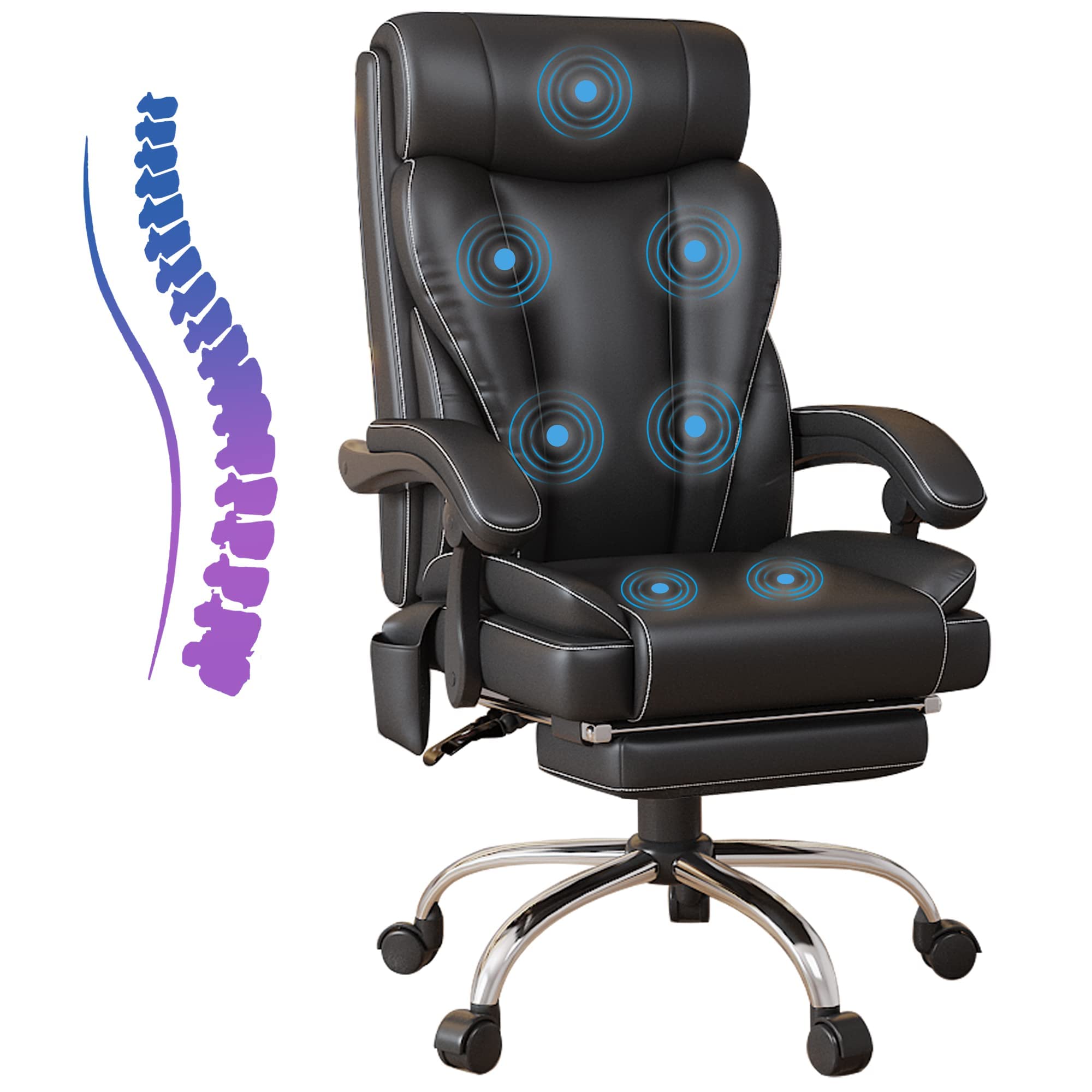 Ergonomic Massage Office Chair for Big & Tall - 350lb Weight Capacity, Wide Seat High Back PU Leather Executive Desk Chair with Wheels - Perfect for Home Office, Gaming & Computer Work