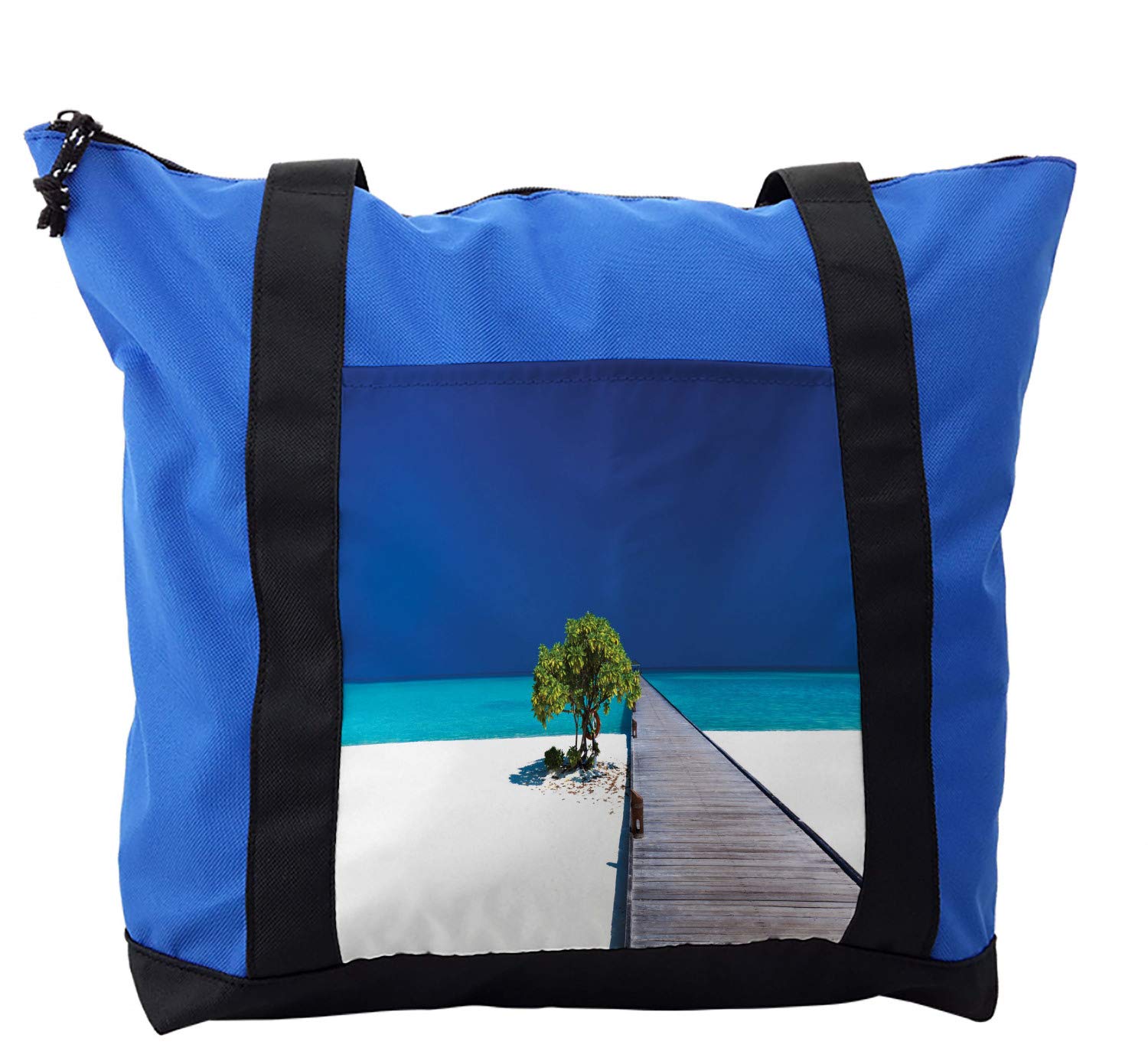 Stylish Lunarable Beach Shoulder Bag with Wooden Platform Pier Tree Design - Durable Zippered Tote for Women | Perfect for Summer Vacations, Pool Parties & Beach Getaways
