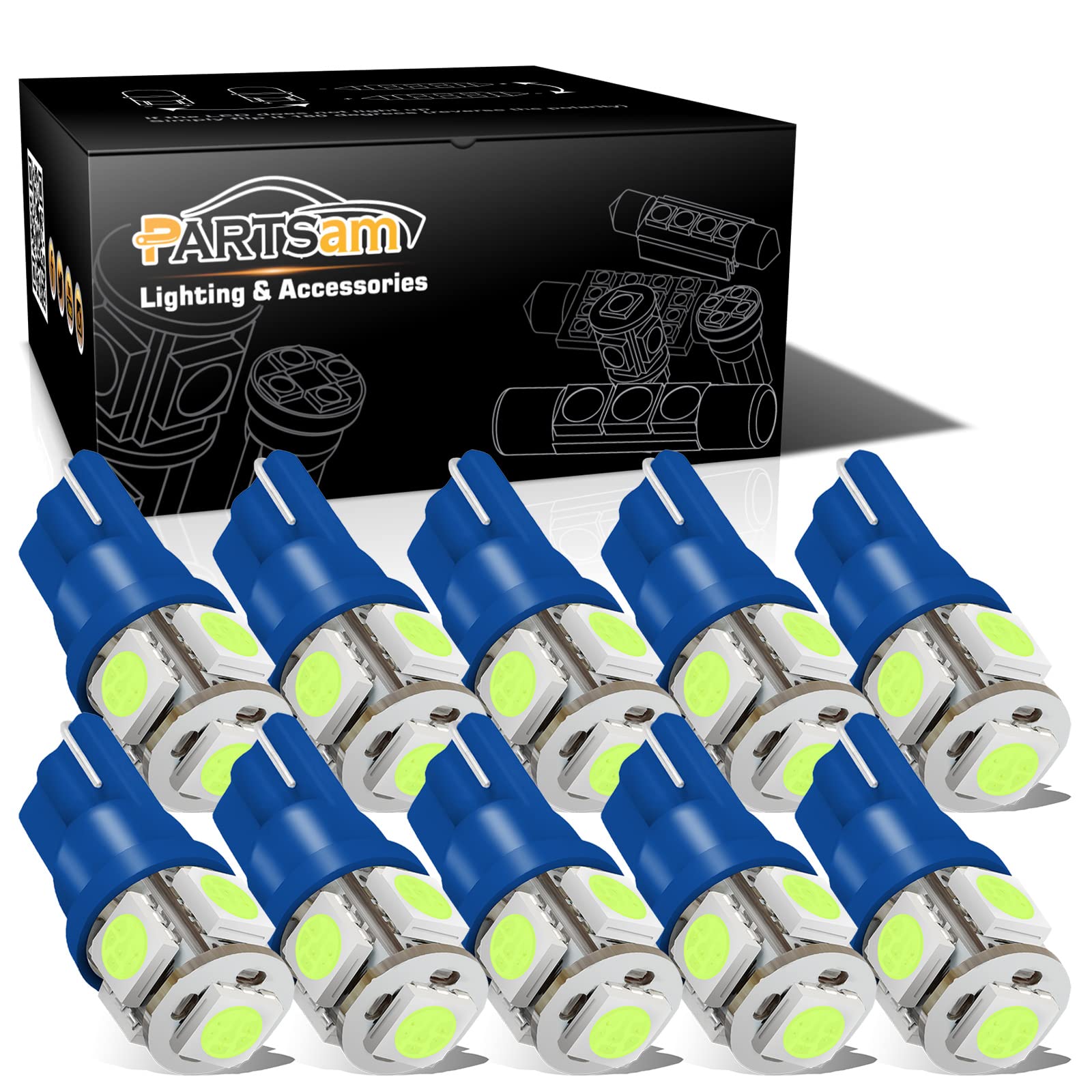 Partsam 194 168 LED Bulbs Blue, Super Bright T10 2825 Car Interior Lights, 6000K 5050-SMD Chipsets, Error Free Dome Map Door Courtesy License Plate Bulbs, 10Pcs - Perfect for Car, Truck, SUV, Van Interior Lighting