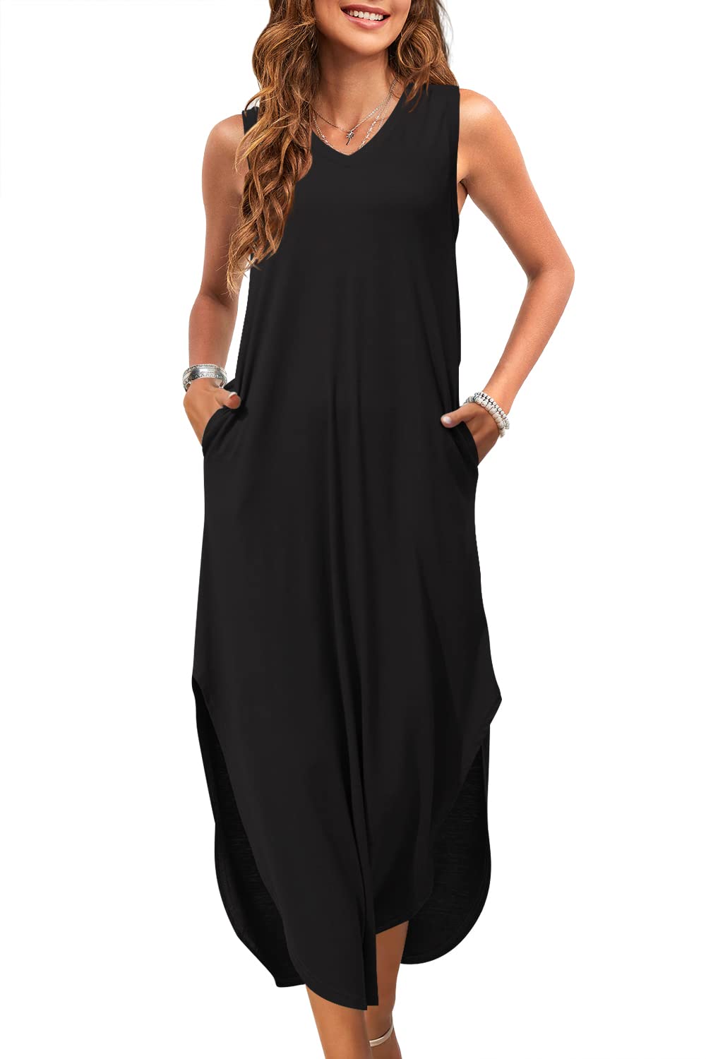 ReachMe Women's Casual V-Neck Side Split Sleeveless Maxi Dress with Pockets - Summer Beach Cover Up, Boho Chic Outfit for Vacations, Parties & Date Nights