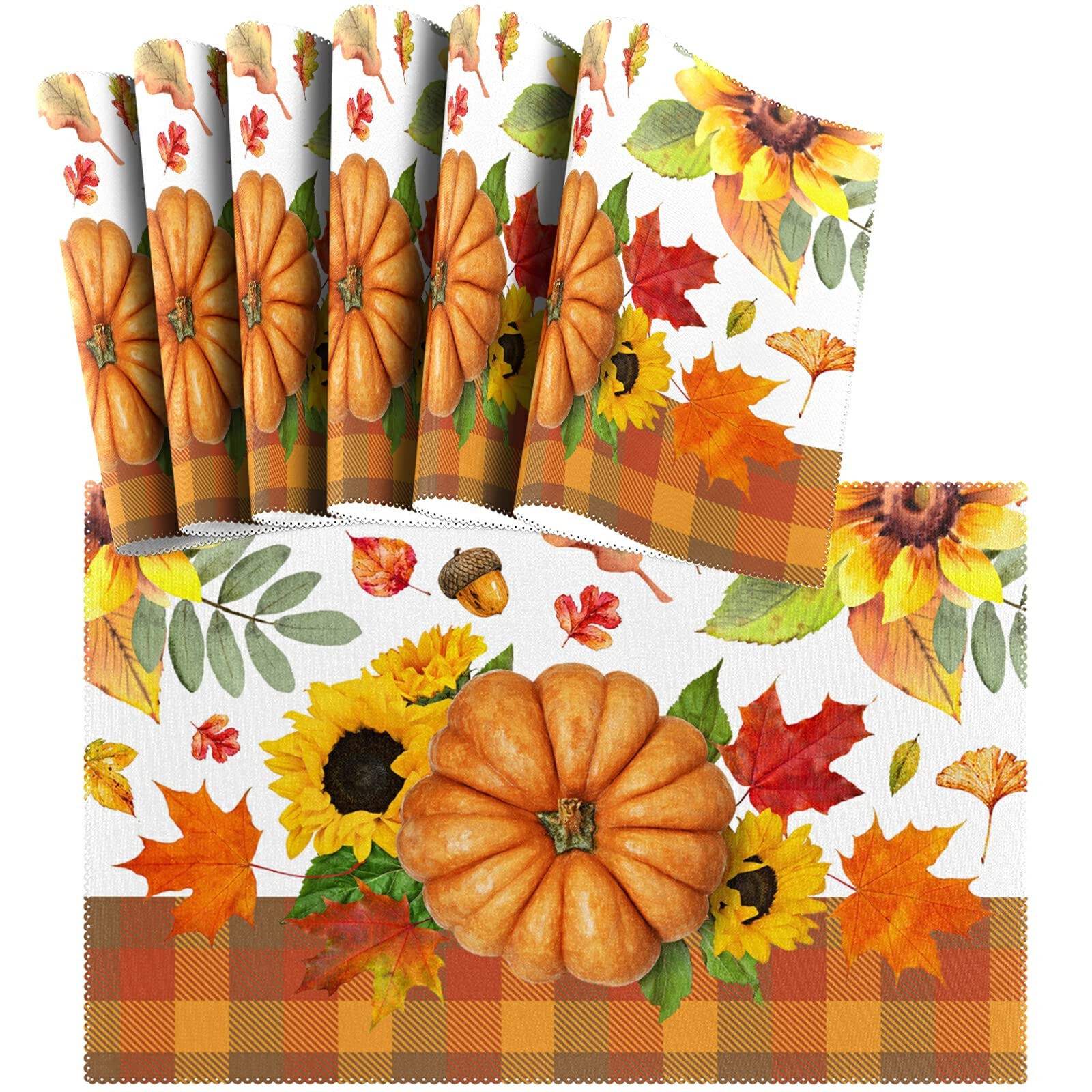 Thanksgiving Placemats Set of 6 - Plaid Sunflower Maple Pumpkin Design | Non-Slip, Heat-Resistant & Washable Table Mats | 12
