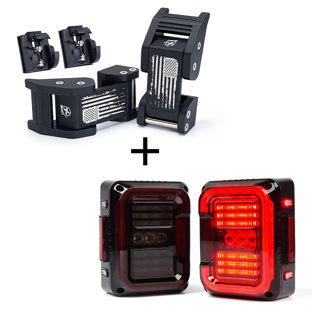 Xprite Aluminum Hood Latches with Retro Flag & LED Tail Lights for Jeep Wrangler JK JKU (2007-2018) - Durable Off-Road Accessories for Adventure & Night Driving