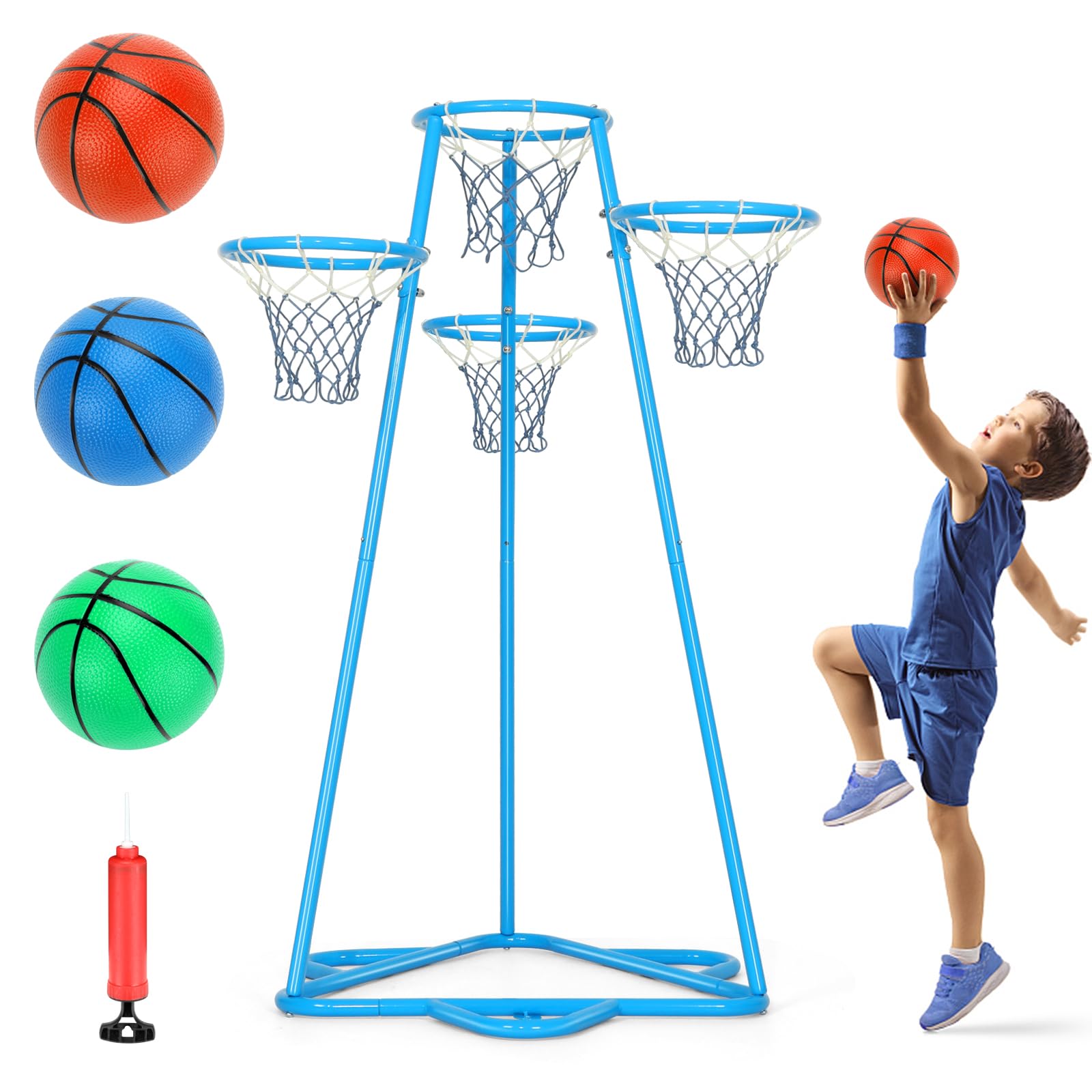 Portable Kids Basketball Hoop Stand - Adjustable Height Indoor/Outdoor Basketball Set with 4 Hoops & 3 Balls - Perfect Toy for Ages 3+ (Pale Blue) | Great for Backyard Play, Birthday Gifts & Preschool Sports Activities
